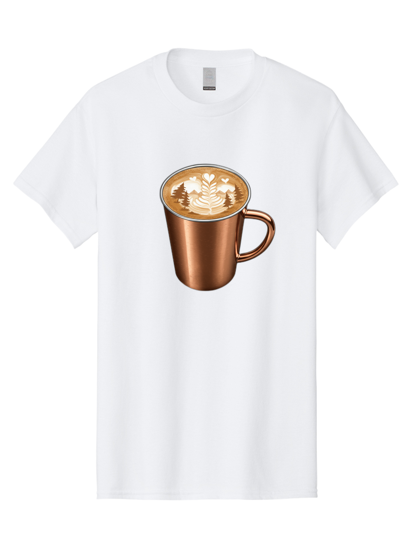 Copper-Coffee-Mug Men'S Graphic Tee, 100% Cotton, Comfortable Casual Summer Wear, Machine Washable, Latte Art, Coffee Drink, Copper Mug, Forest Design, Heart-Shaped Leaves, Coffee Culture, Specialty Coffee, Beverage, Morning Coffee Baa404