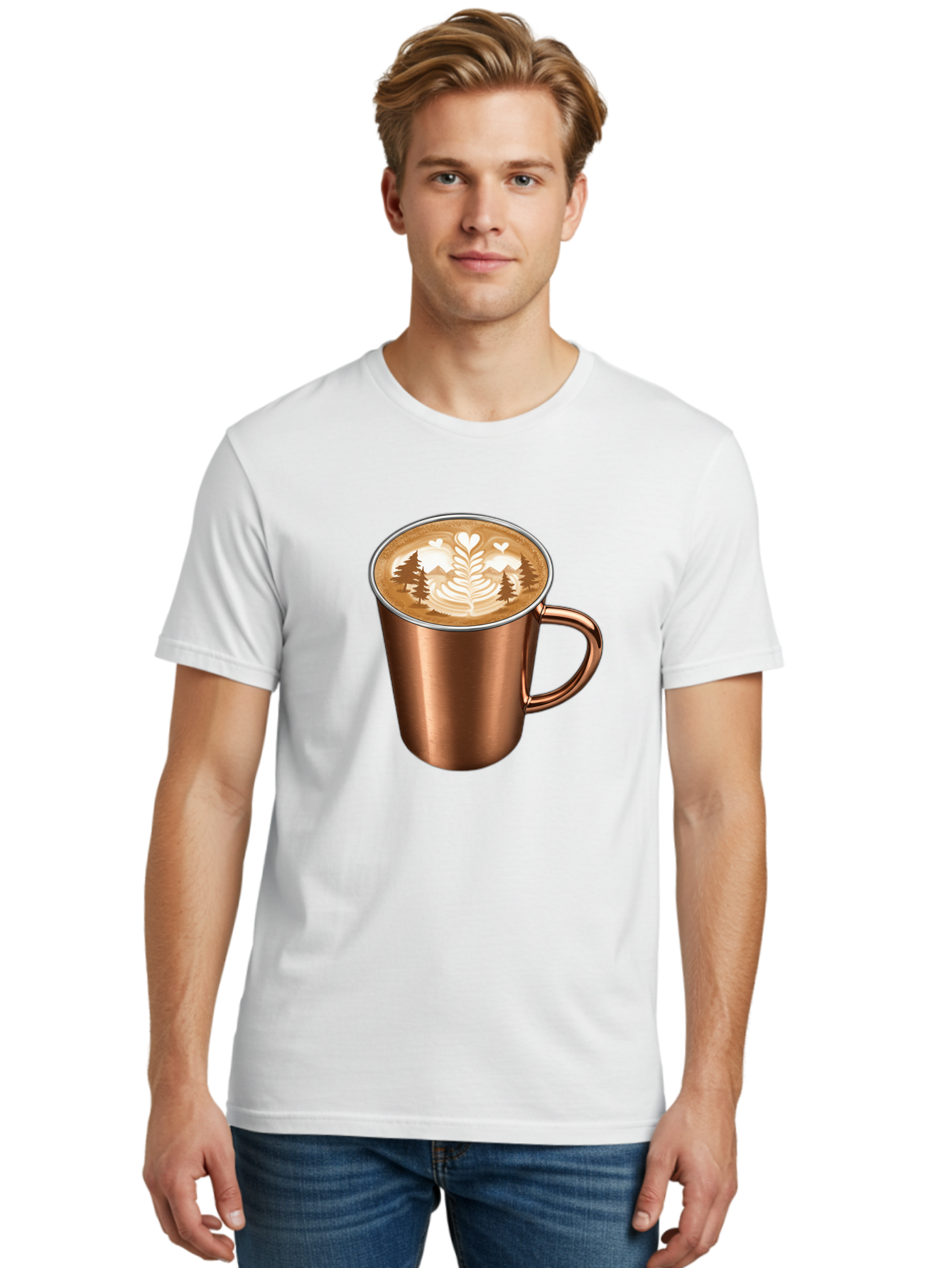 Copper-Coffee-Mug Men'S Graphic Tee, 100% Cotton, Comfortable Casual Summer Wear, Machine Washable, Latte Art, Coffee Drink, Copper Mug, Forest Design, Heart-Shaped Leaves, Coffee Culture, Specialty Coffee, Beverage, Morning Coffee Baa404