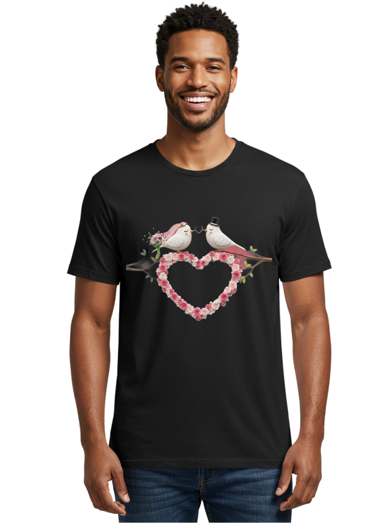 Couple-Birds-Heart Men'S Graphic Tee, 100% Cotton, Comfortable Casual Summer Wear, Machine Washable, Love Birds, Wedding Theme, Heart-Shaped Floral Arrangement, Romantic Couple, Bride And Groom Birds, Floral Heart, Love Symbol, Baa405