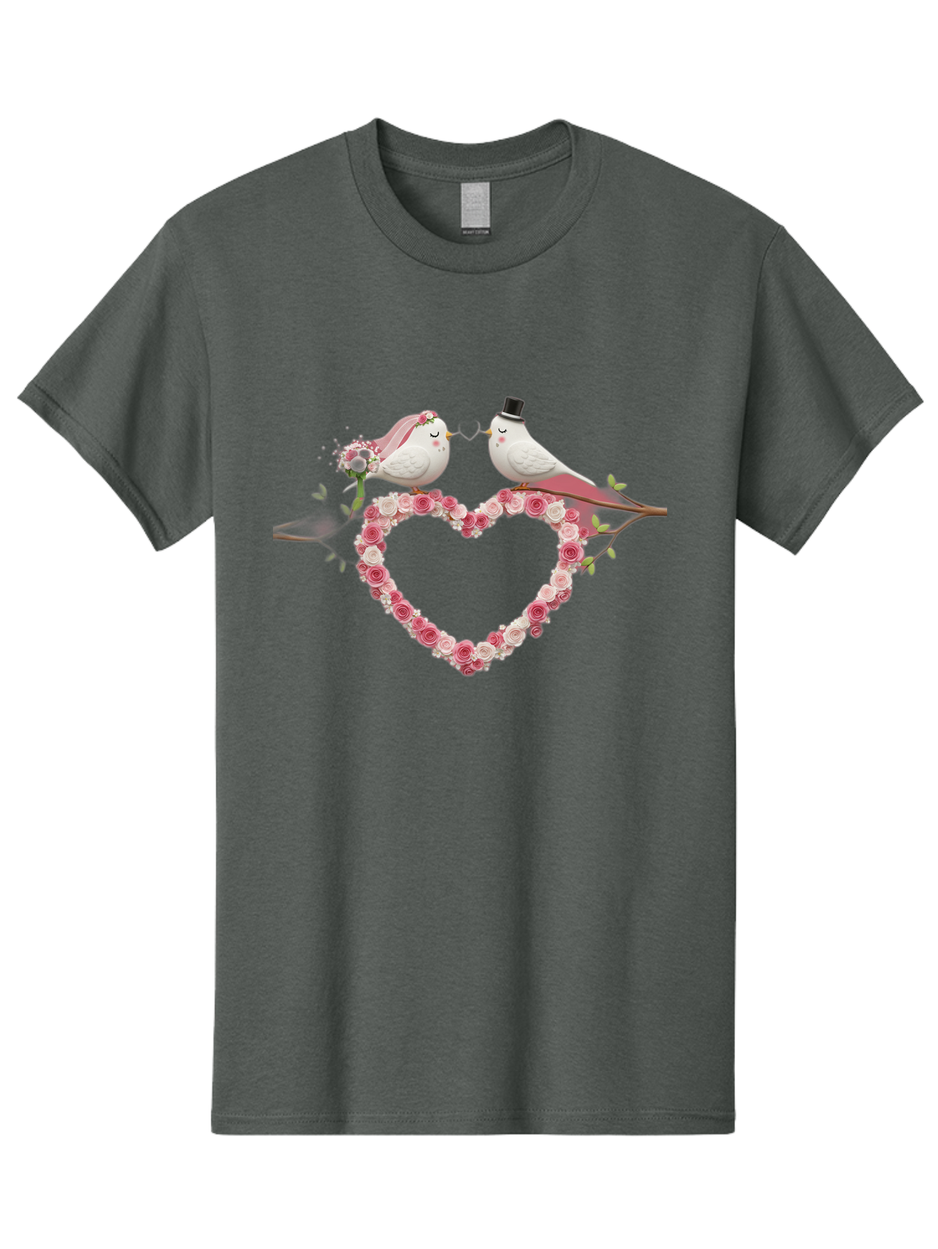 Couple-Birds-Heart Men'S Graphic Tee, 100% Cotton, Comfortable Casual Summer Wear, Machine Washable, Love Birds, Wedding Theme, Heart-Shaped Floral Arrangement, Romantic Couple, Bride And Groom Birds, Floral Heart, Love Symbol, Baa405