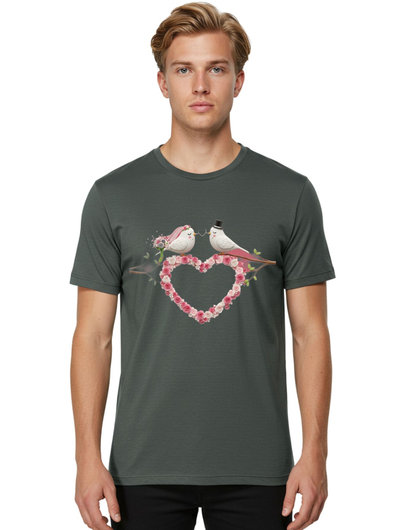 Couple-Birds-Heart Men'S Graphic Tee, 100% Cotton, Comfortable Casual Summer Wear, Machine Washable, Love Birds, Wedding Theme, Heart-Shaped Floral Arrangement, Romantic Couple, Bride And Groom Birds, Floral Heart, Love Symbol, Baa405