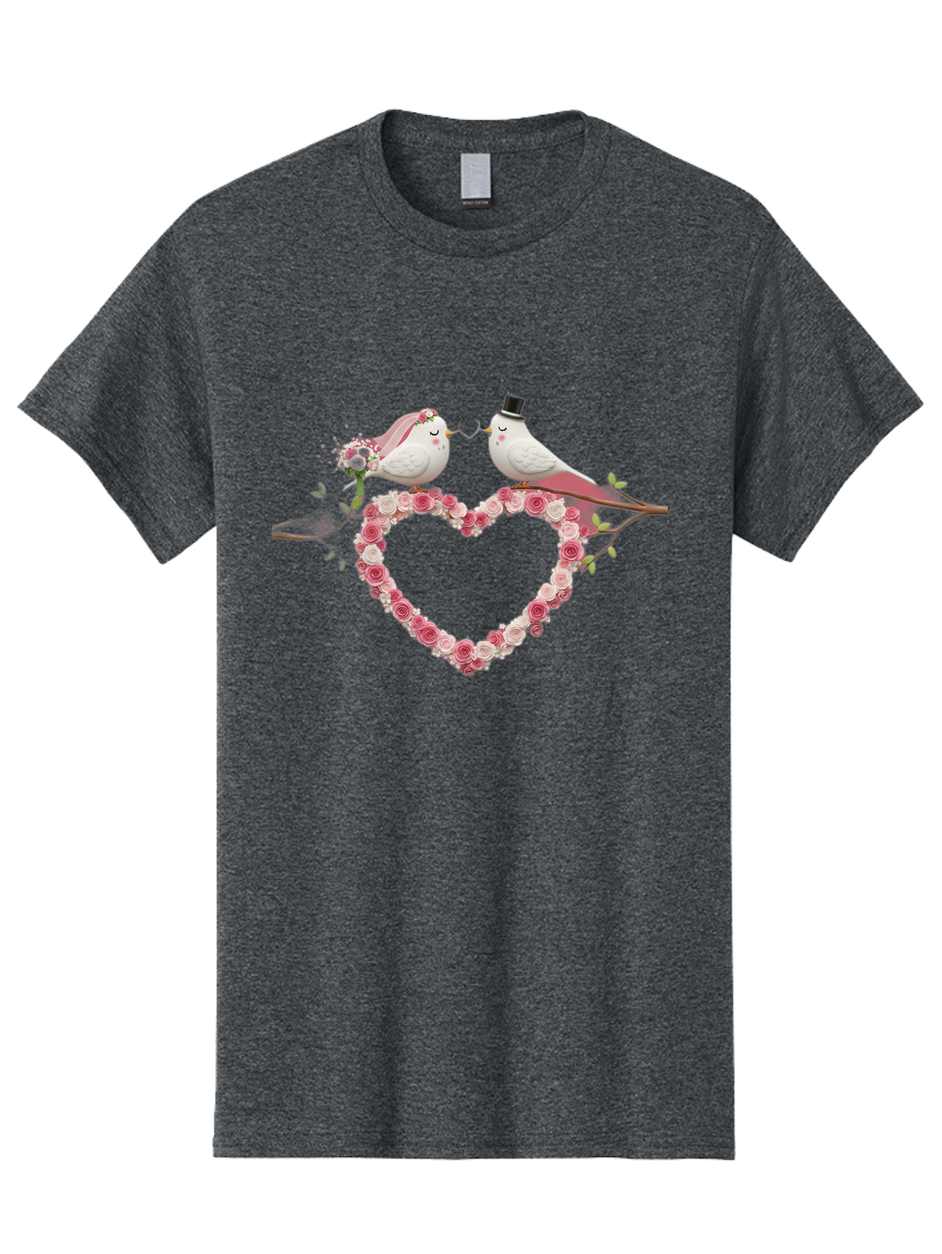 Couple-Birds-Heart Men'S Graphic Tee, 100% Cotton, Comfortable Casual Summer Wear, Machine Washable, Love Birds, Wedding Theme, Heart-Shaped Floral Arrangement, Romantic Couple, Bride And Groom Birds, Floral Heart, Love Symbol, Baa405