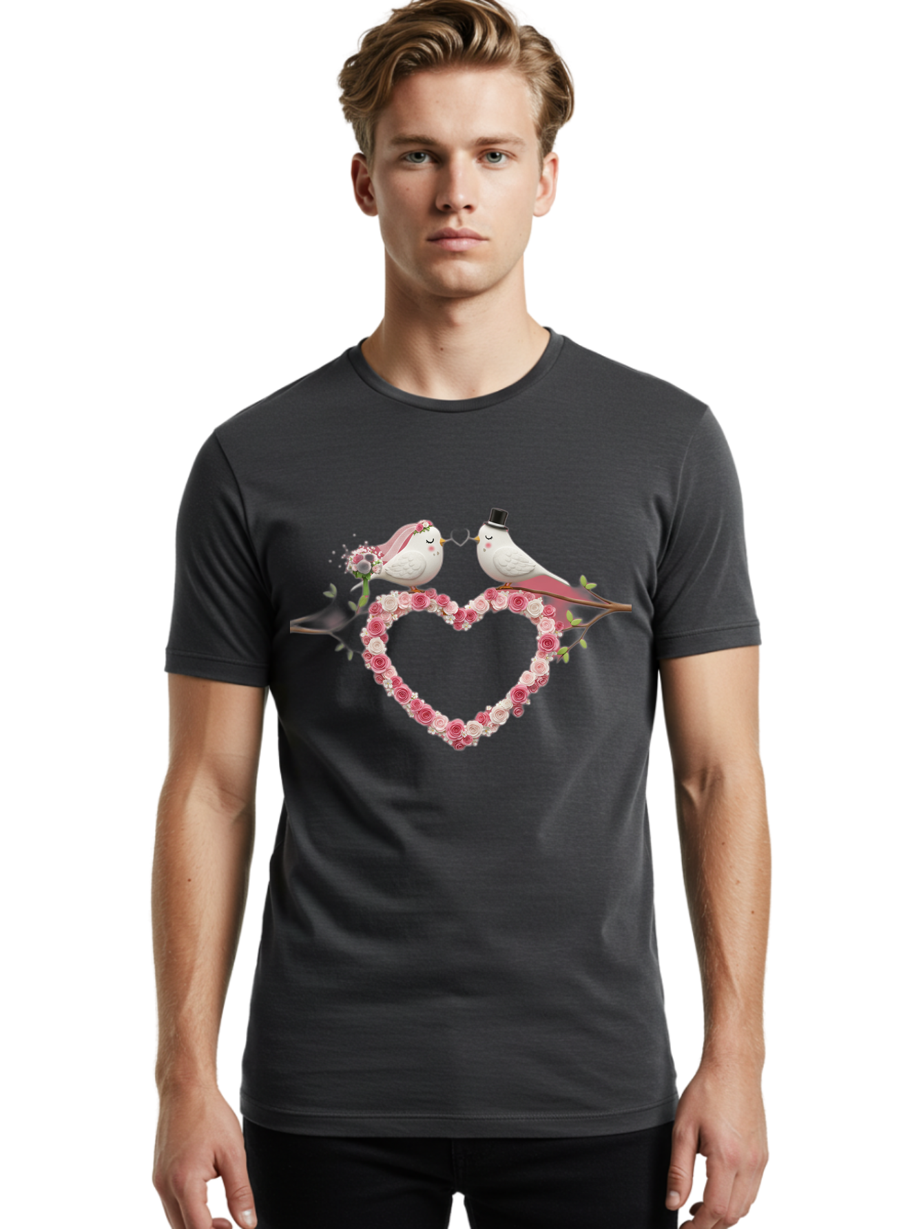 Couple-Birds-Heart Men'S Graphic Tee, 100% Cotton, Comfortable Casual Summer Wear, Machine Washable, Love Birds, Wedding Theme, Heart-Shaped Floral Arrangement, Romantic Couple, Bride And Groom Birds, Floral Heart, Love Symbol, Baa405