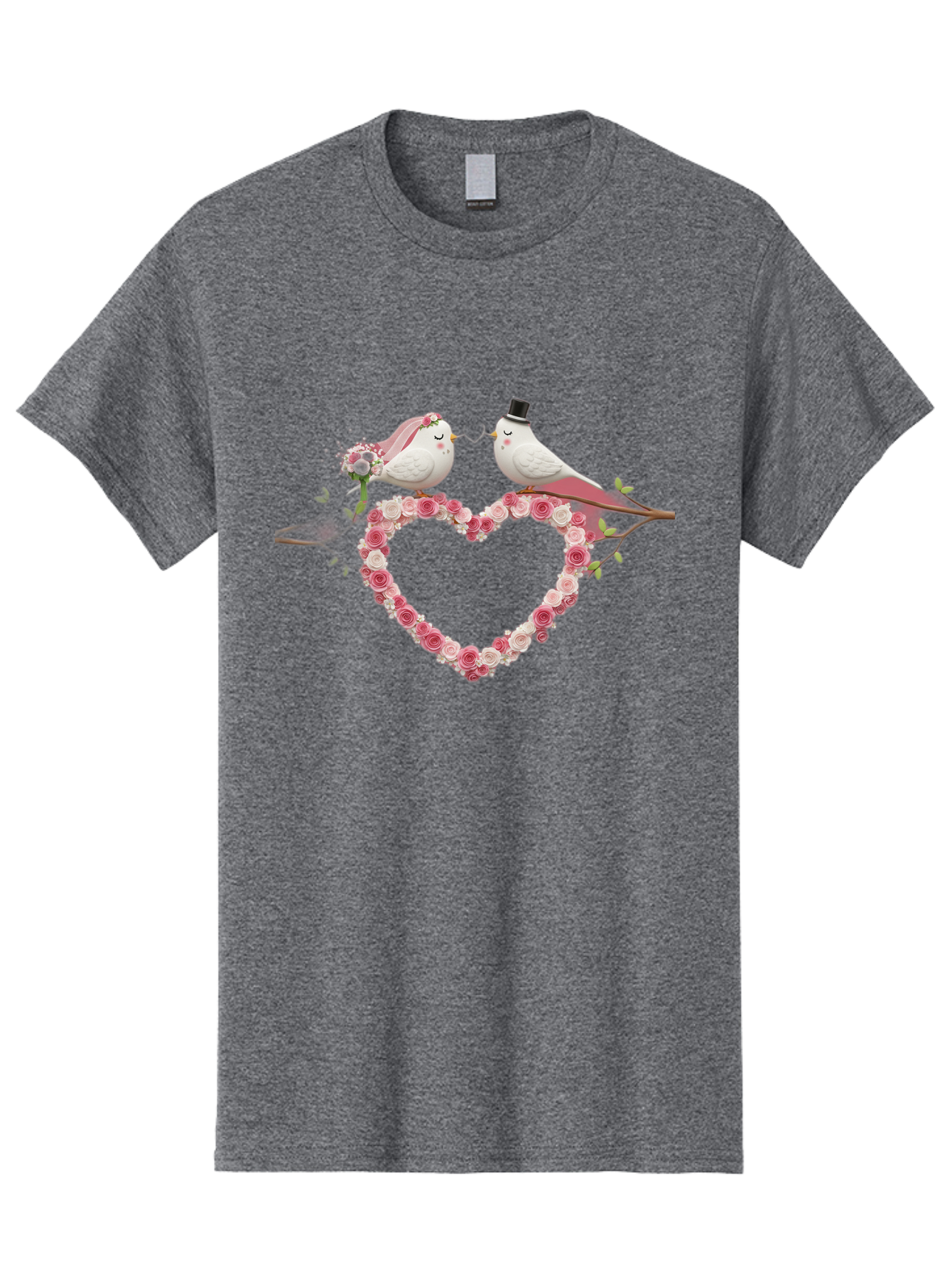 Couple-Birds-Heart Men'S Graphic Tee, 100% Cotton, Comfortable Casual Summer Wear, Machine Washable, Love Birds, Wedding Theme, Heart-Shaped Floral Arrangement, Romantic Couple, Bride And Groom Birds, Floral Heart, Love Symbol, Baa405