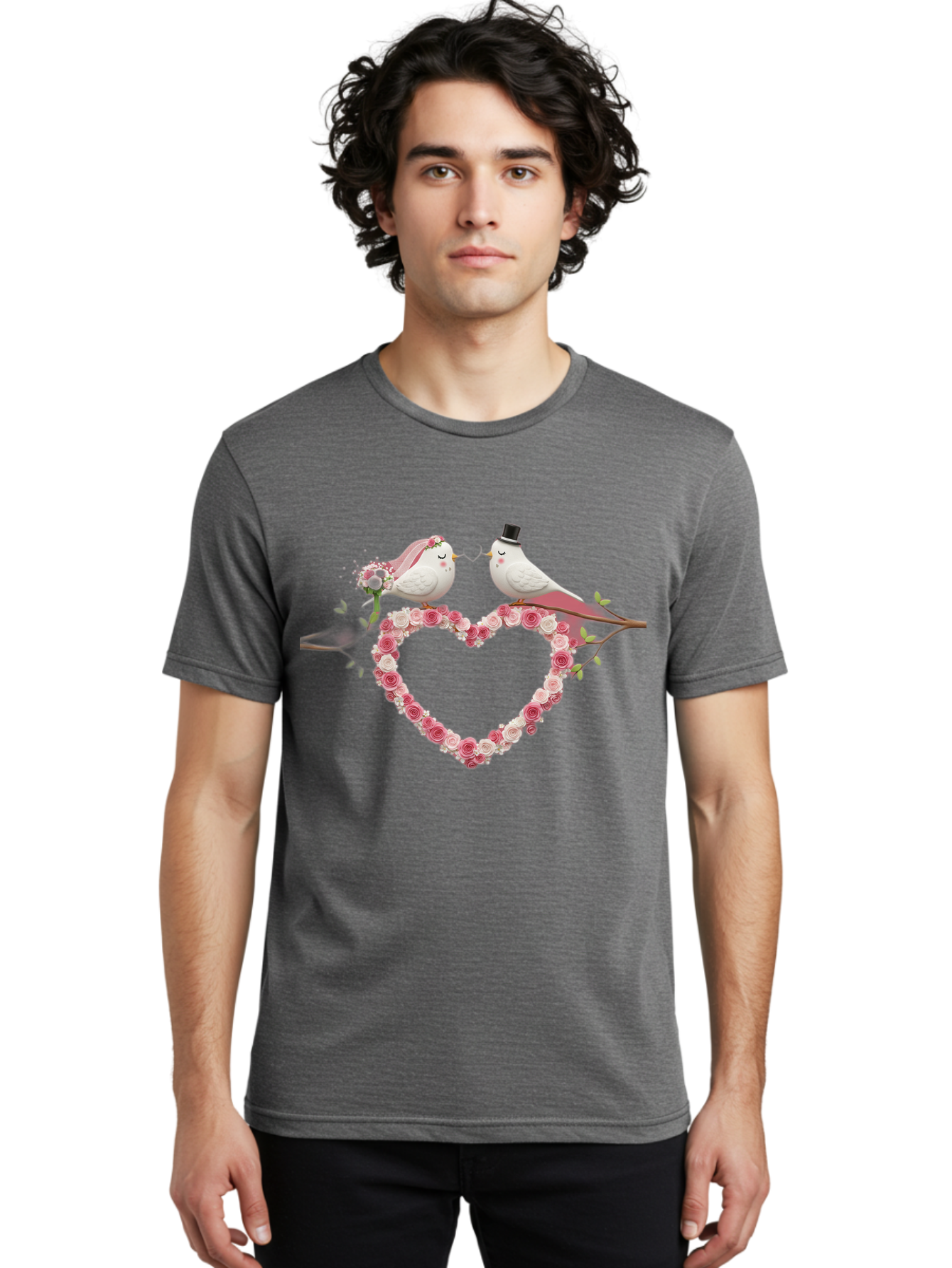 Couple-Birds-Heart Men'S Graphic Tee, 100% Cotton, Comfortable Casual Summer Wear, Machine Washable, Love Birds, Wedding Theme, Heart-Shaped Floral Arrangement, Romantic Couple, Bride And Groom Birds, Floral Heart, Love Symbol, Baa405