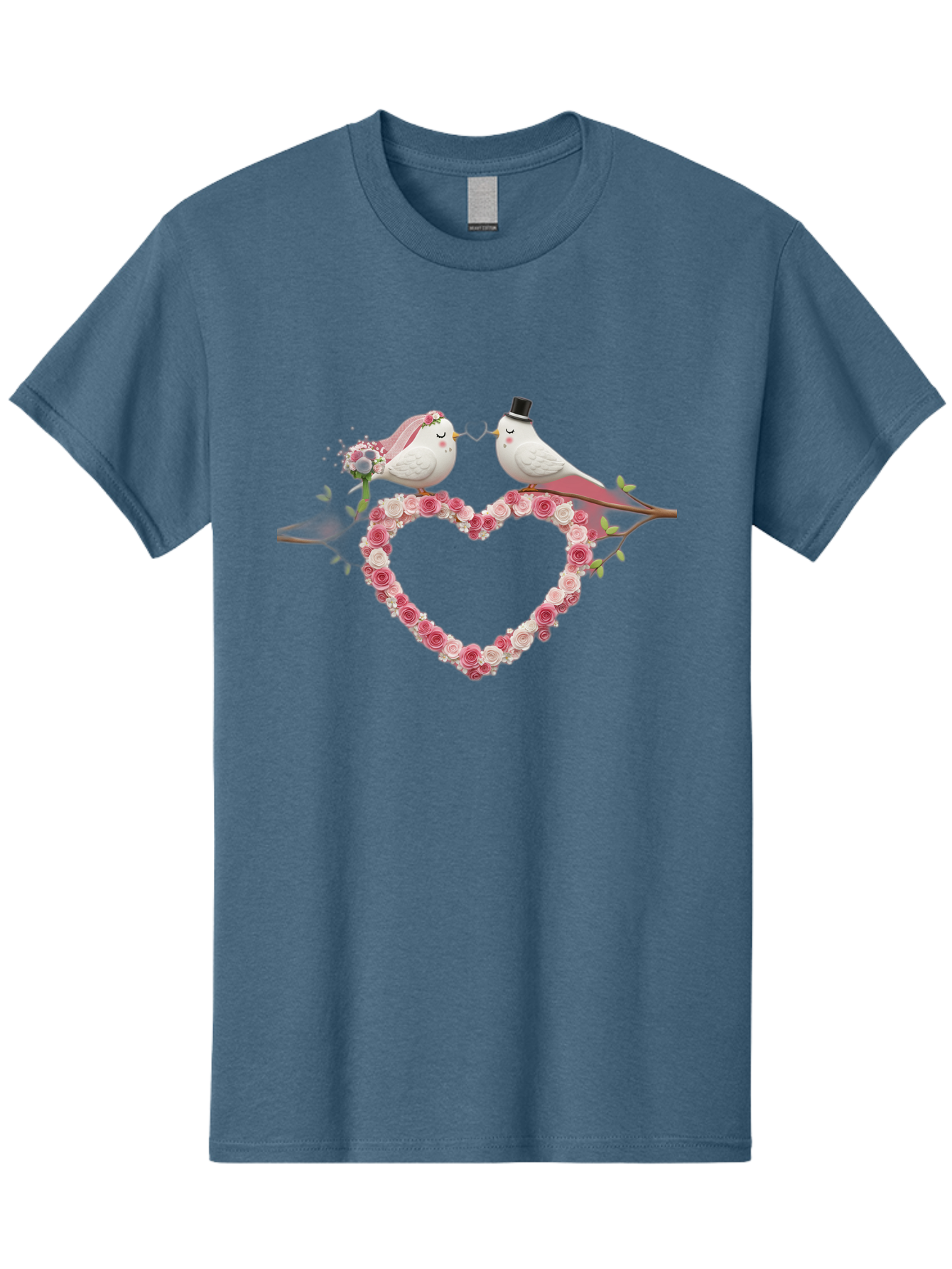 Couple-Birds-Heart Men'S Graphic Tee, 100% Cotton, Comfortable Casual Summer Wear, Machine Washable, Love Birds, Wedding Theme, Heart-Shaped Floral Arrangement, Romantic Couple, Bride And Groom Birds, Floral Heart, Love Symbol, Baa405