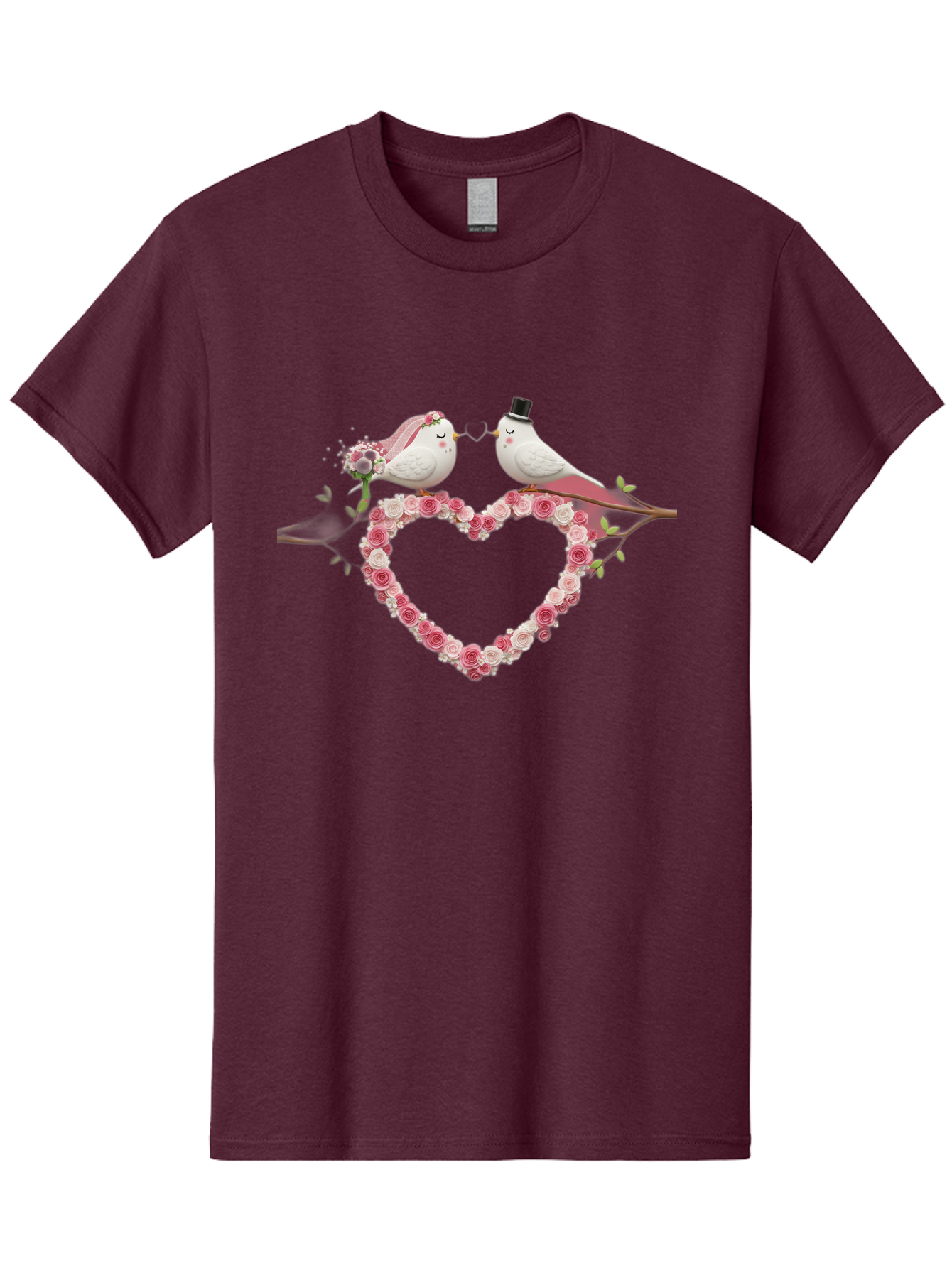 Couple-Birds-Heart Men'S Graphic Tee, 100% Cotton, Comfortable Casual Summer Wear, Machine Washable, Love Birds, Wedding Theme, Heart-Shaped Floral Arrangement, Romantic Couple, Bride And Groom Birds, Floral Heart, Love Symbol, Baa405