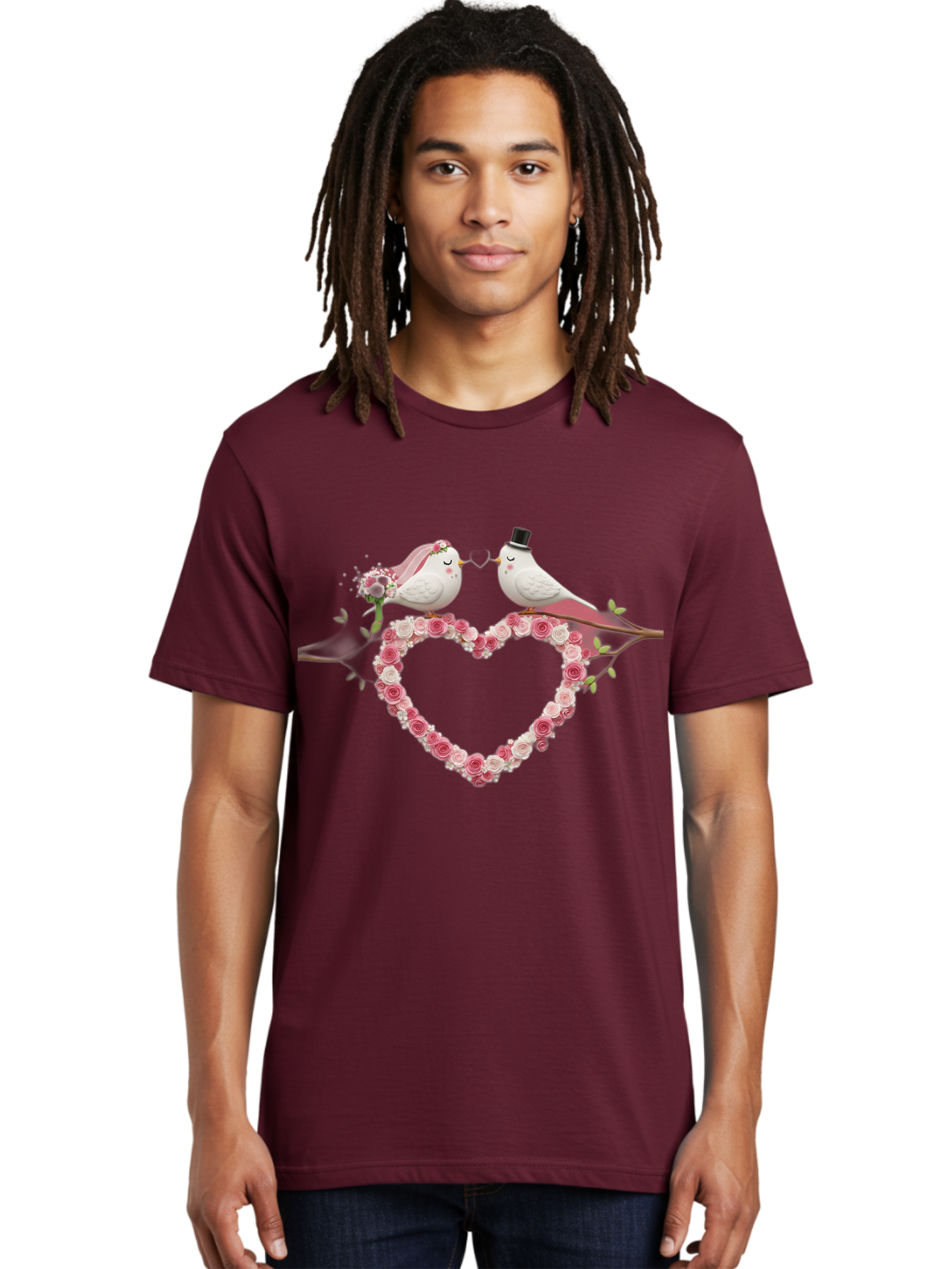 Couple-Birds-Heart Men'S Graphic Tee, 100% Cotton, Comfortable Casual Summer Wear, Machine Washable, Love Birds, Wedding Theme, Heart-Shaped Floral Arrangement, Romantic Couple, Bride And Groom Birds, Floral Heart, Love Symbol, Baa405