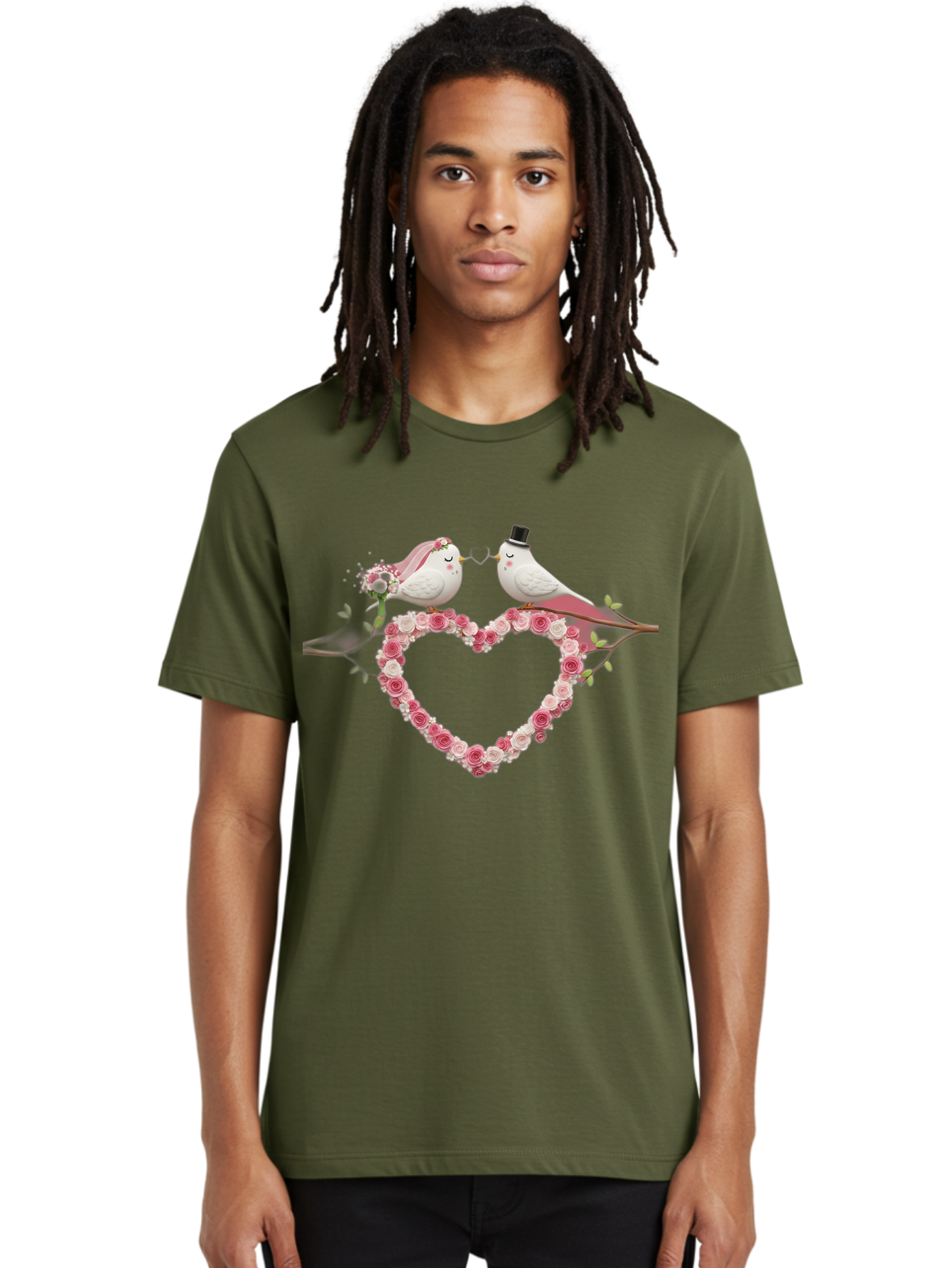 Couple-Birds-Heart Men'S Graphic Tee, 100% Cotton, Comfortable Casual Summer Wear, Machine Washable, Love Birds, Wedding Theme, Heart-Shaped Floral Arrangement, Romantic Couple, Bride And Groom Birds, Floral Heart, Love Symbol, Baa405