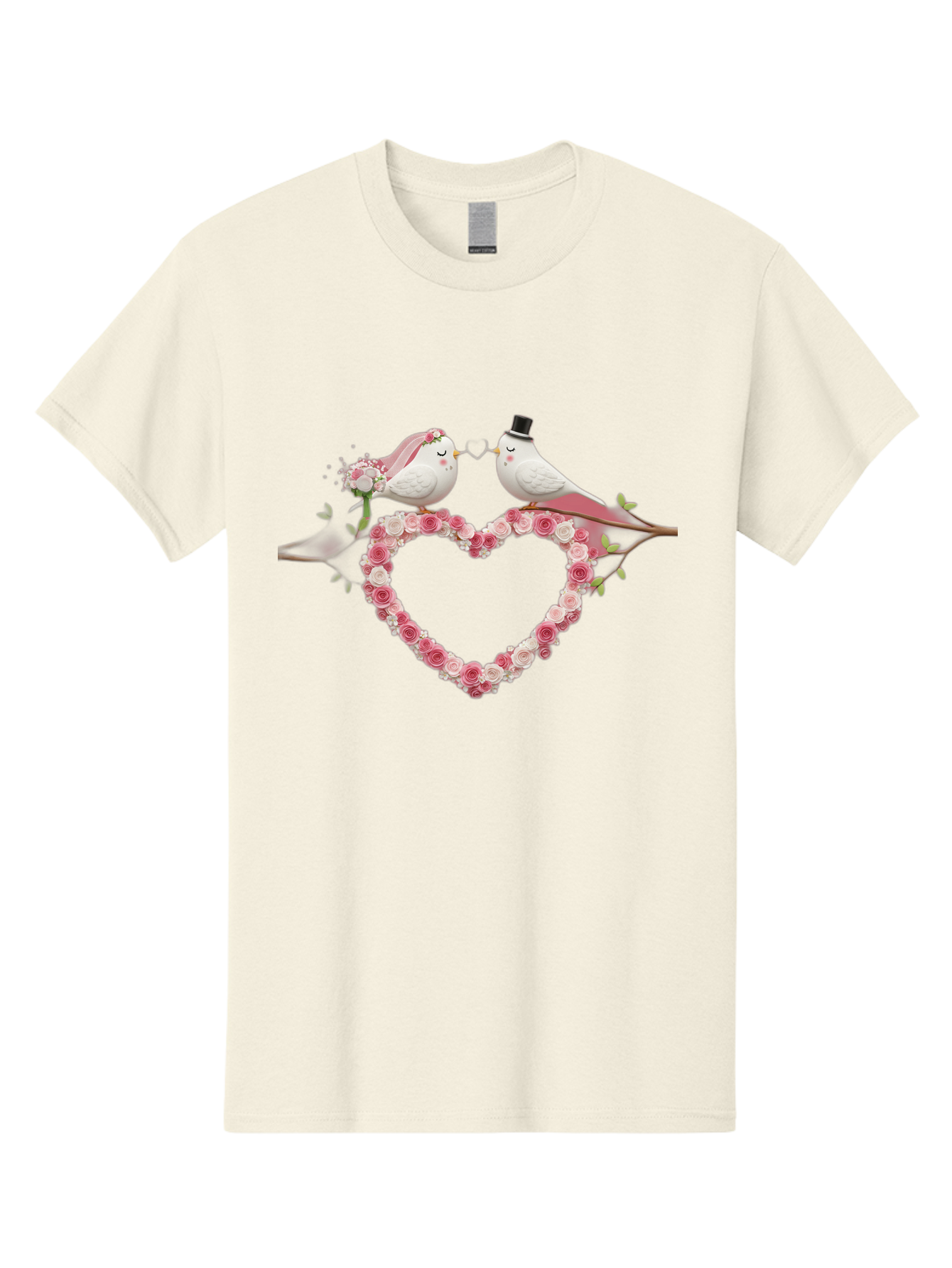 Couple-Birds-Heart Men'S Graphic Tee, 100% Cotton, Comfortable Casual Summer Wear, Machine Washable, Love Birds, Wedding Theme, Heart-Shaped Floral Arrangement, Romantic Couple, Bride And Groom Birds, Floral Heart, Love Symbol, Baa405