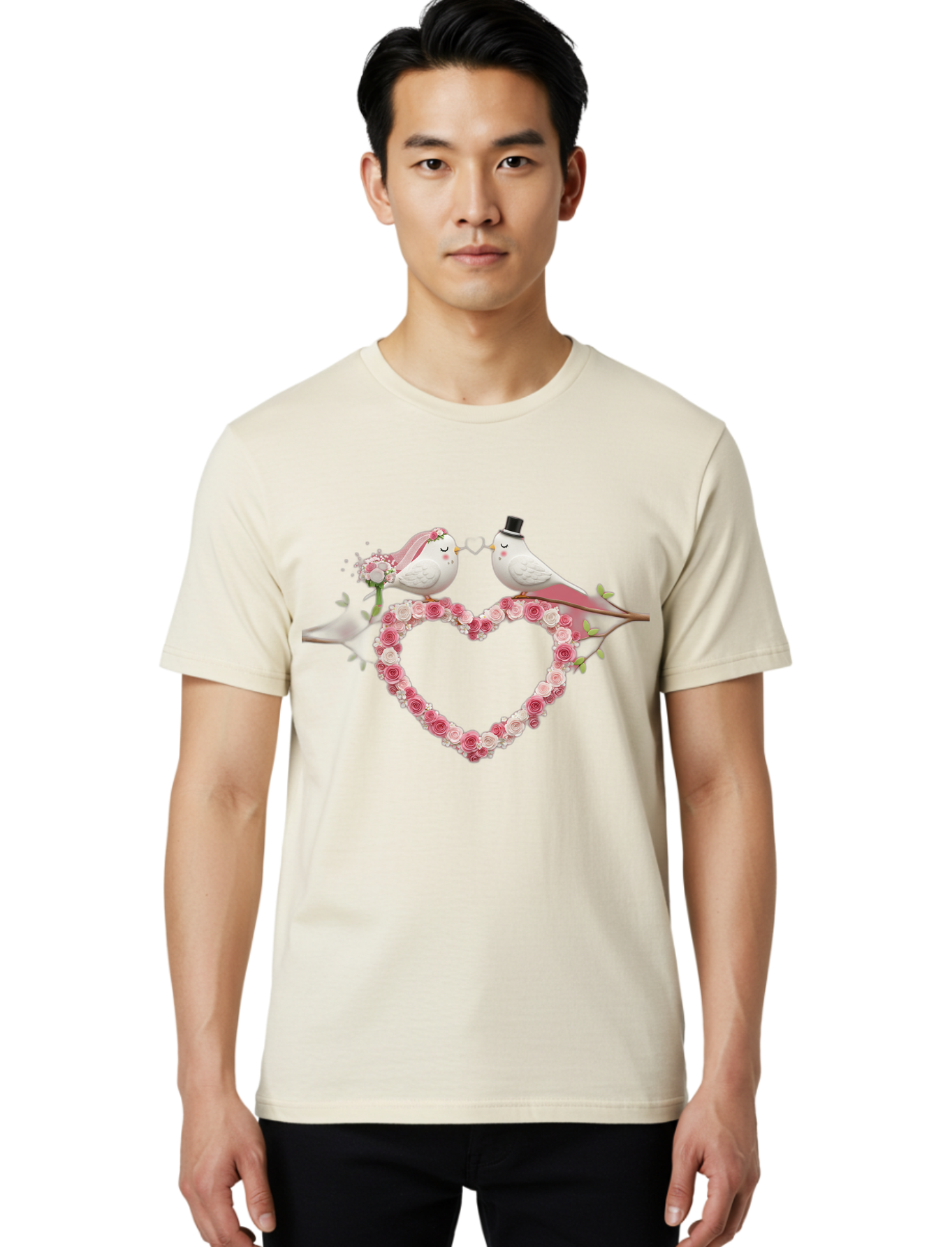 Couple-Birds-Heart Men'S Graphic Tee, 100% Cotton, Comfortable Casual Summer Wear, Machine Washable, Love Birds, Wedding Theme, Heart-Shaped Floral Arrangement, Romantic Couple, Bride And Groom Birds, Floral Heart, Love Symbol, Baa405
