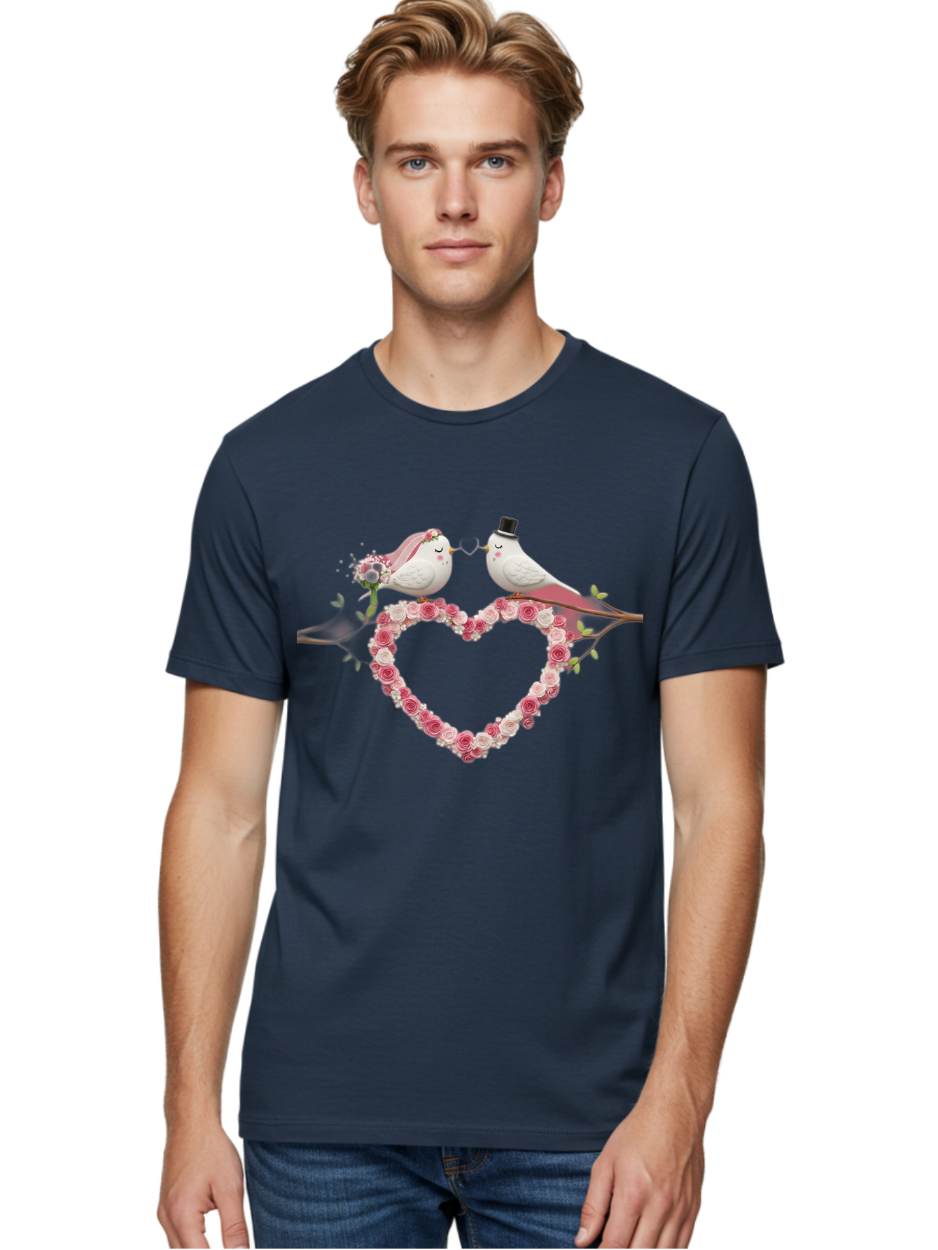Couple-Birds-Heart Men'S Graphic Tee, 100% Cotton, Comfortable Casual Summer Wear, Machine Washable, Love Birds, Wedding Theme, Heart-Shaped Floral Arrangement, Romantic Couple, Bride And Groom Birds, Floral Heart, Love Symbol, Baa405