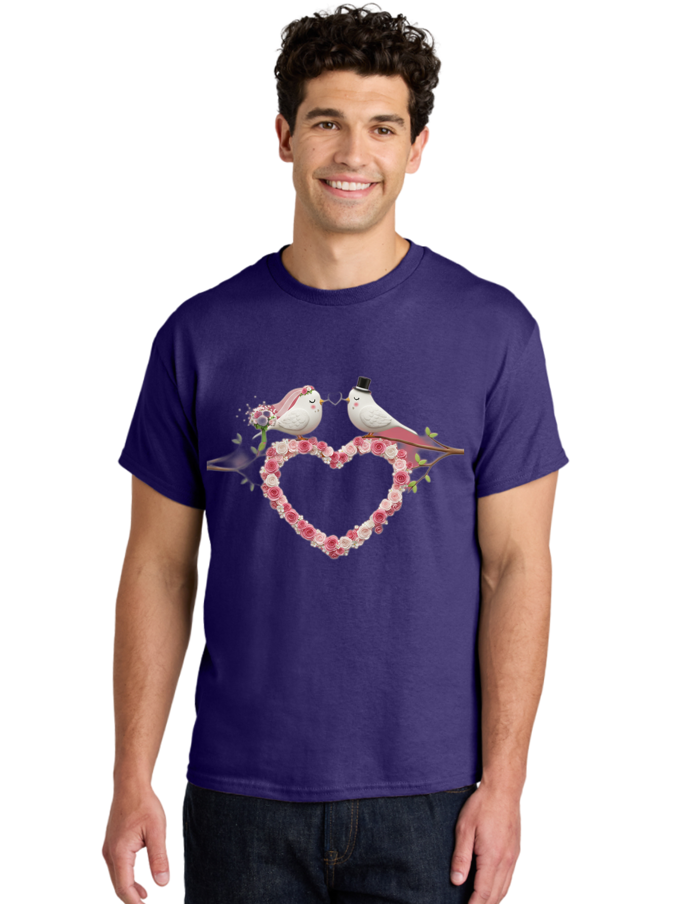 Couple-Birds-Heart Men'S Graphic Tee, 100% Cotton, Comfortable Casual Summer Wear, Machine Washable, Love Birds, Wedding Theme, Heart-Shaped Floral Arrangement, Romantic Couple, Bride And Groom Birds, Floral Heart, Love Symbol, Baa405