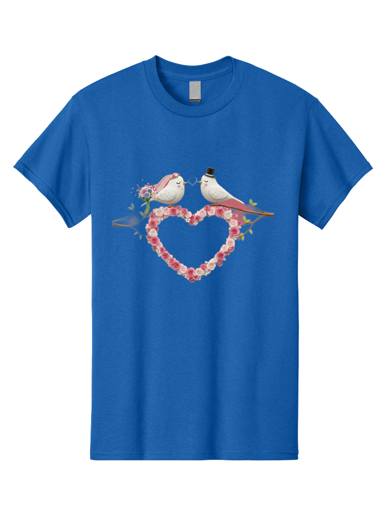 Couple-Birds-Heart Men'S Graphic Tee, 100% Cotton, Comfortable Casual Summer Wear, Machine Washable, Love Birds, Wedding Theme, Heart-Shaped Floral Arrangement, Romantic Couple, Bride And Groom Birds, Floral Heart, Love Symbol, Baa405