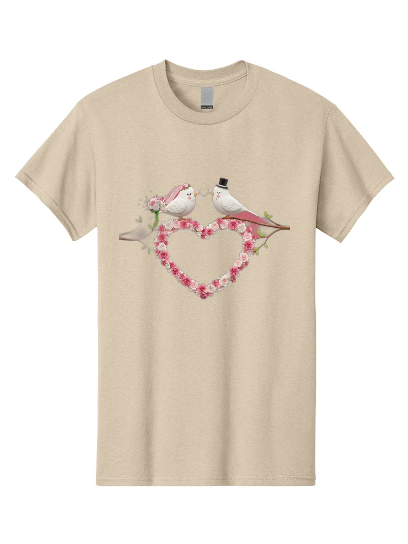 Couple-Birds-Heart Men'S Graphic Tee, 100% Cotton, Comfortable Casual Summer Wear, Machine Washable, Love Birds, Wedding Theme, Heart-Shaped Floral Arrangement, Romantic Couple, Bride And Groom Birds, Floral Heart, Love Symbol, Baa405