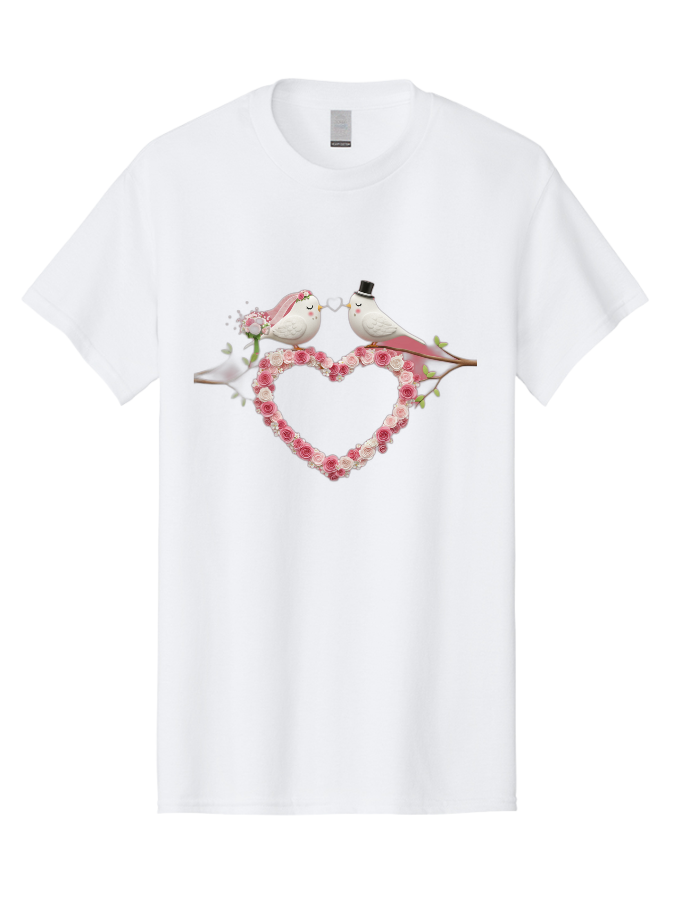 Couple-Birds-Heart Men'S Graphic Tee, 100% Cotton, Comfortable Casual Summer Wear, Machine Washable, Love Birds, Wedding Theme, Heart-Shaped Floral Arrangement, Romantic Couple, Bride And Groom Birds, Floral Heart, Love Symbol, Baa405