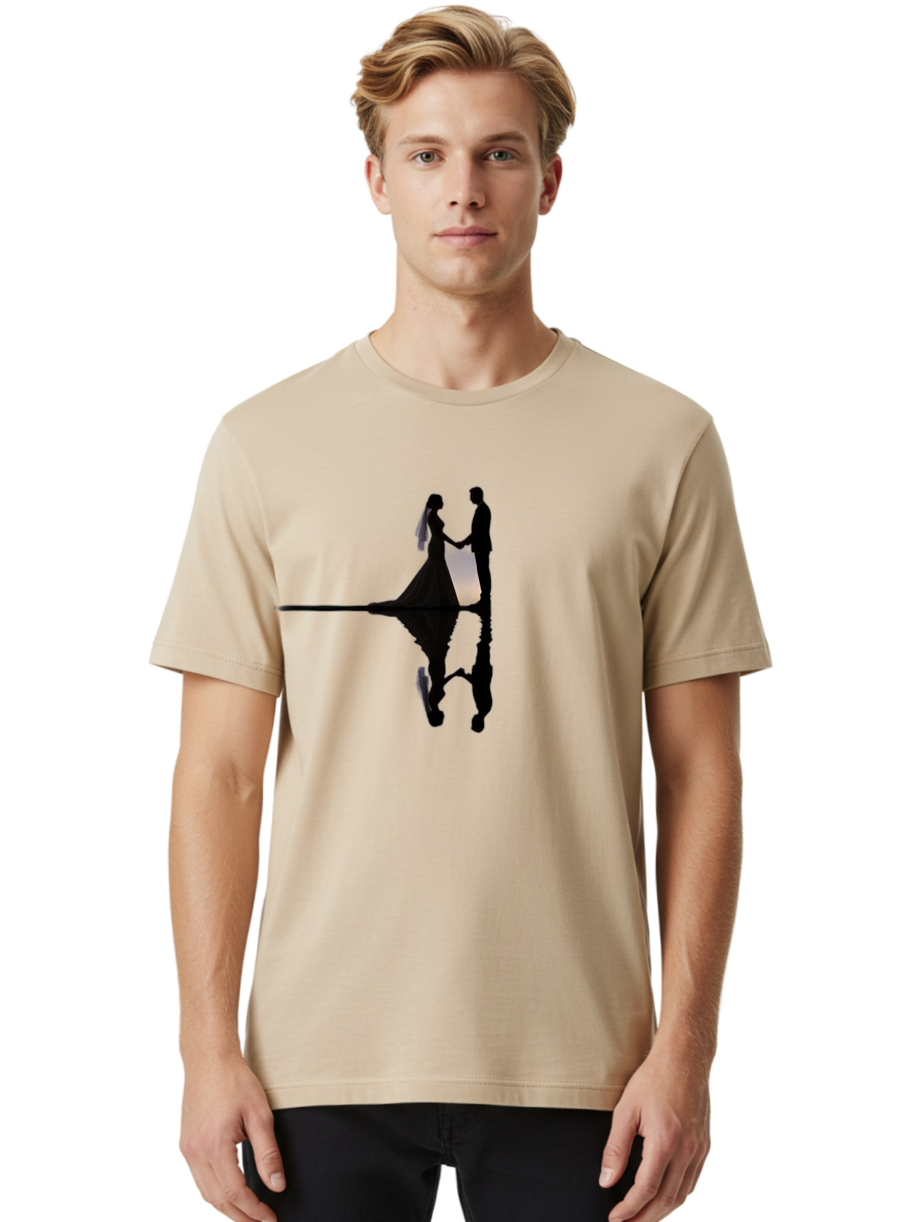 Couple-Silhouette-1 Men'S Graphic Tee, 100% Cotton, Comfortable Casual Summer Wear, Machine Washable, Couple Holding Hands, Romantic Love, Wedding Vows, Couple'S Unity, Hand In Hand, Love Forever, Together Forever, Silhouette Art Baa406