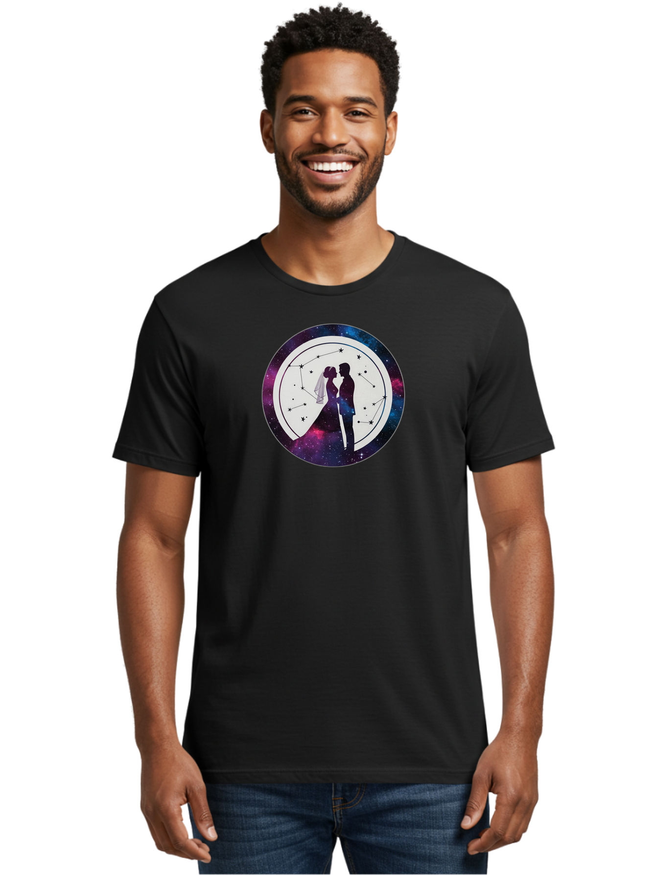 Couple-Silhouette-2 Men'S Graphic Tee, 100% Cotton, Comfortable Casual Summer Wear, Machine Washable, Couple Silhouette, Starry Night Sky, Constellation Pattern, Galaxy Background, Romance, Love, Wedding, Astrology, Celestial Theme, Baa407