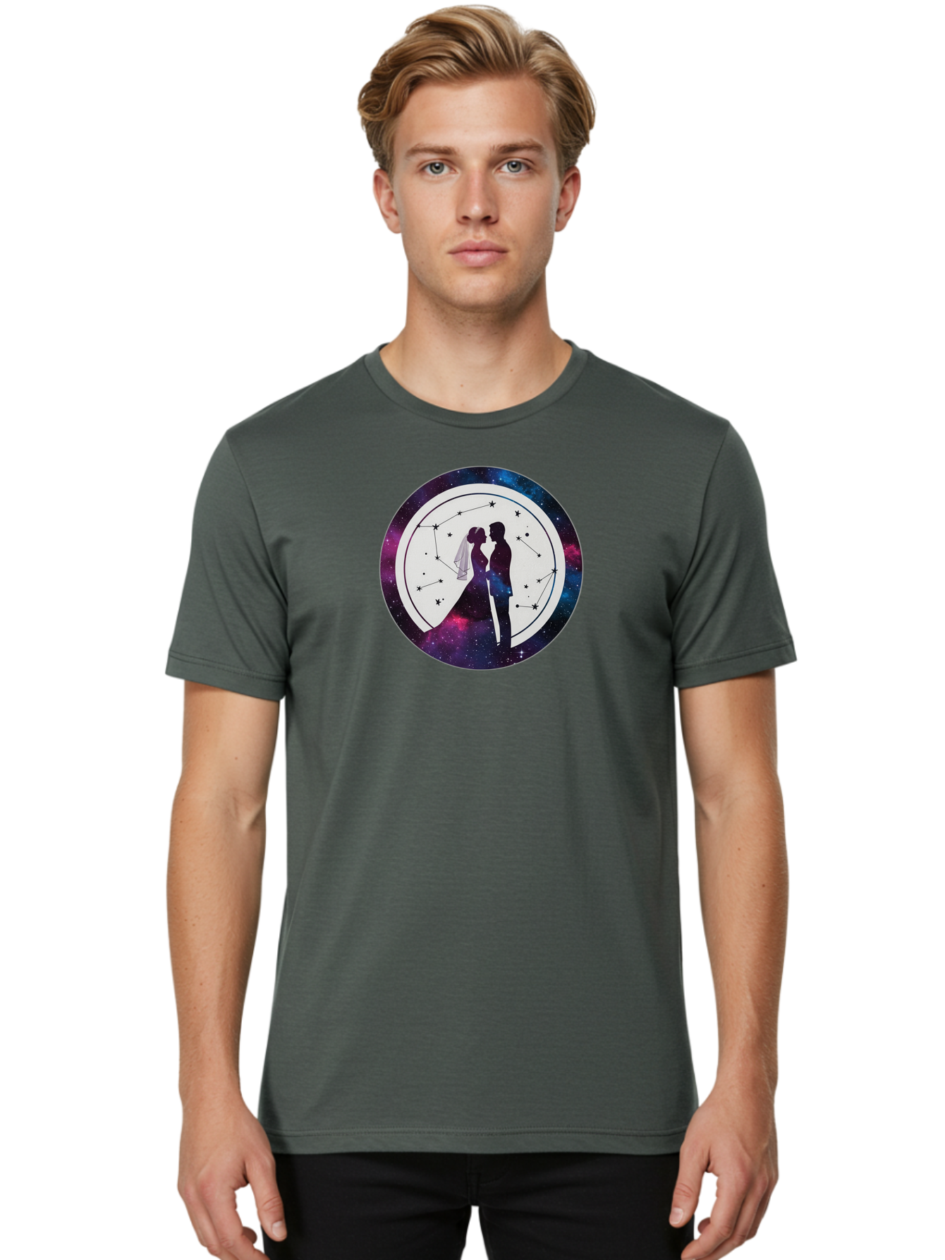 Couple-Silhouette-2 Men'S Graphic Tee, 100% Cotton, Comfortable Casual Summer Wear, Machine Washable, Couple Silhouette, Starry Night Sky, Constellation Pattern, Galaxy Background, Romance, Love, Wedding, Astrology, Celestial Theme, Baa407