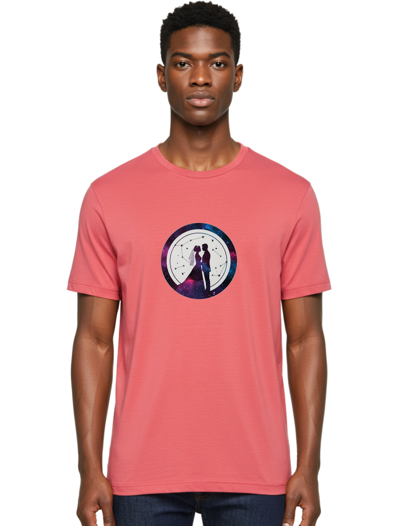 Couple-Silhouette-2 Men'S Graphic Tee, 100% Cotton, Comfortable Casual Summer Wear, Machine Washable, Couple Silhouette, Starry Night Sky, Constellation Pattern, Galaxy Background, Romance, Love, Wedding, Astrology, Celestial Theme, Baa407
