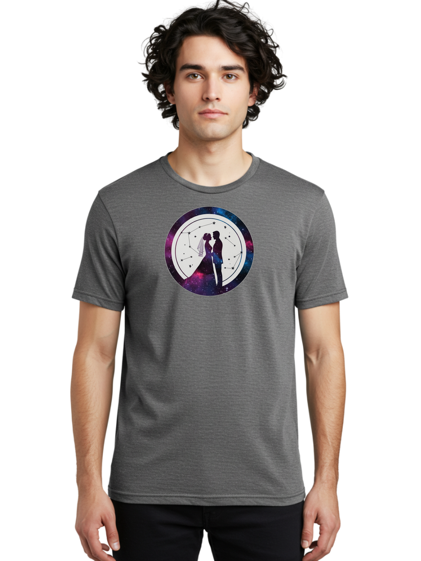 Couple-Silhouette-2 Men'S Graphic Tee, 100% Cotton, Comfortable Casual Summer Wear, Machine Washable, Couple Silhouette, Starry Night Sky, Constellation Pattern, Galaxy Background, Romance, Love, Wedding, Astrology, Celestial Theme, Baa407