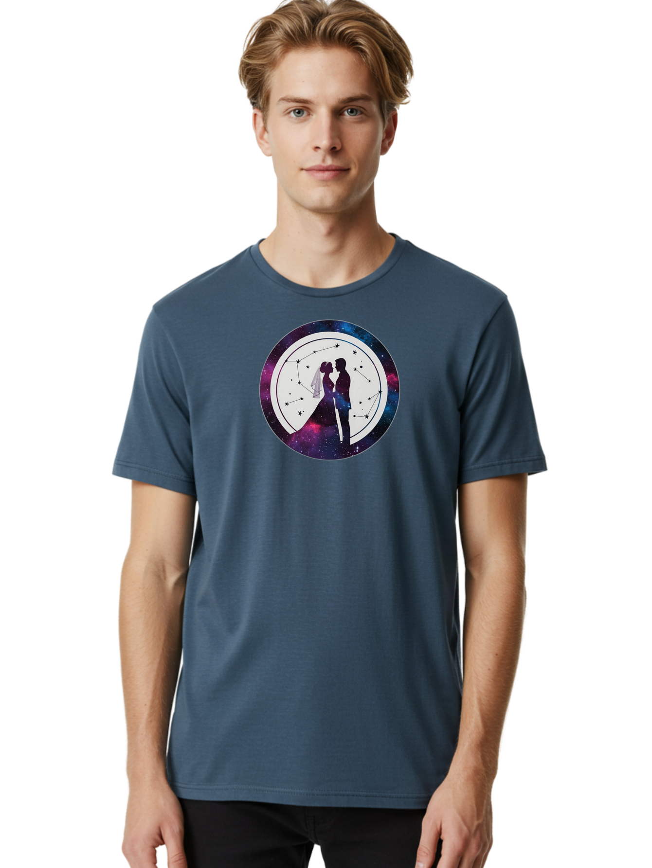 Couple-Silhouette-2 Men'S Graphic Tee, 100% Cotton, Comfortable Casual Summer Wear, Machine Washable, Couple Silhouette, Starry Night Sky, Constellation Pattern, Galaxy Background, Romance, Love, Wedding, Astrology, Celestial Theme, Baa407