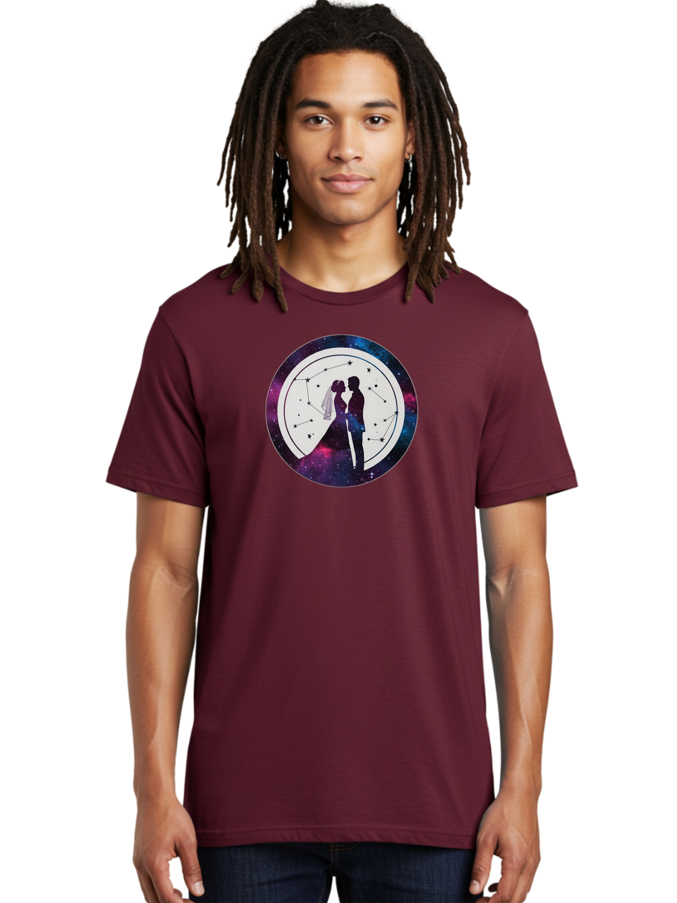 Couple-Silhouette-2 Men'S Graphic Tee, 100% Cotton, Comfortable Casual Summer Wear, Machine Washable, Couple Silhouette, Starry Night Sky, Constellation Pattern, Galaxy Background, Romance, Love, Wedding, Astrology, Celestial Theme, Baa407