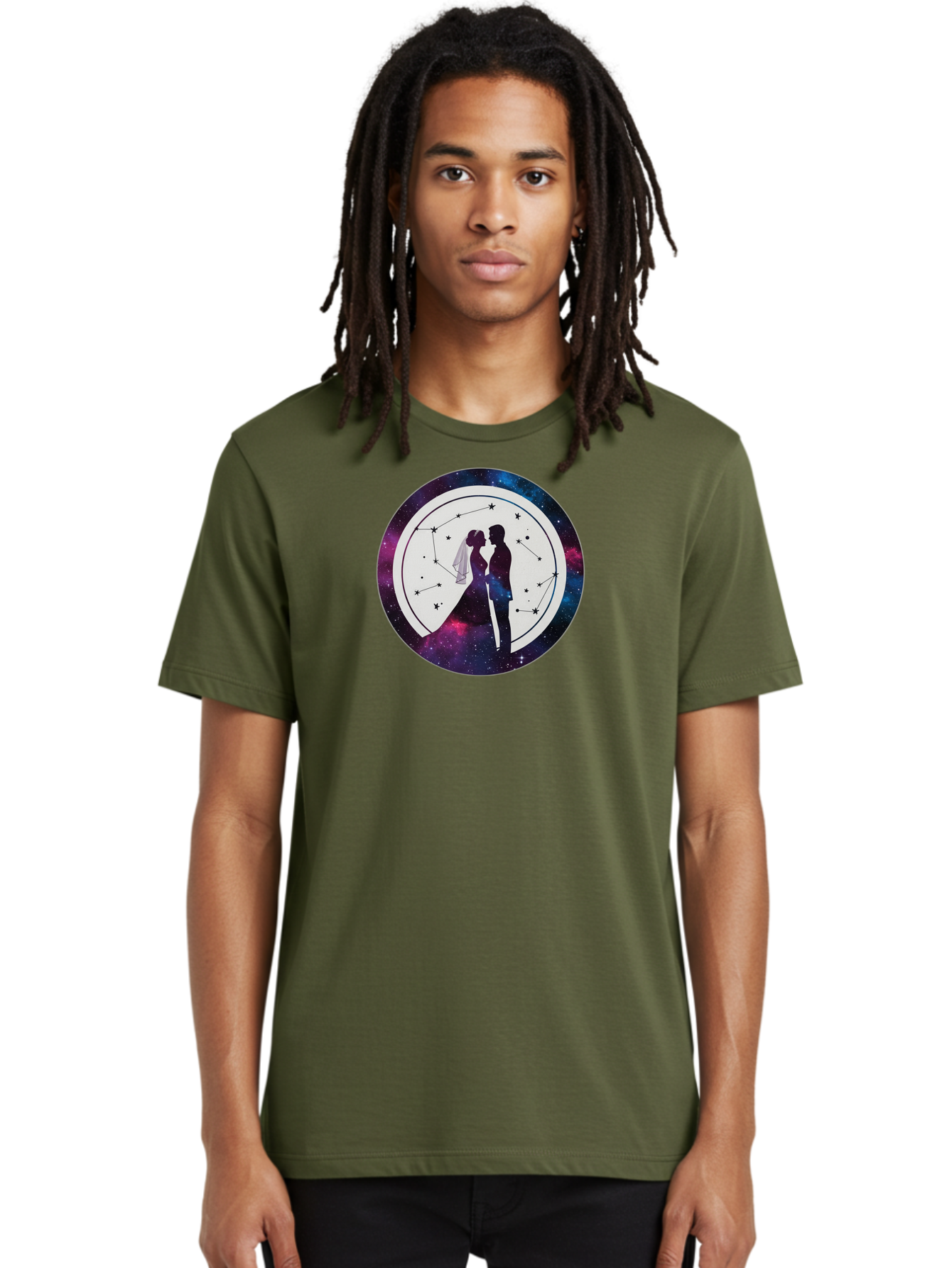 Couple-Silhouette-2 Men'S Graphic Tee, 100% Cotton, Comfortable Casual Summer Wear, Machine Washable, Couple Silhouette, Starry Night Sky, Constellation Pattern, Galaxy Background, Romance, Love, Wedding, Astrology, Celestial Theme, Baa407