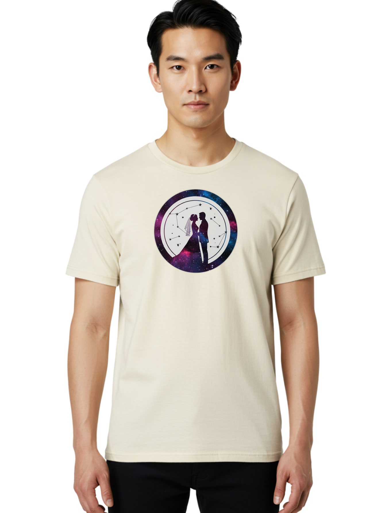 Couple-Silhouette-2 Men'S Graphic Tee, 100% Cotton, Comfortable Casual Summer Wear, Machine Washable, Couple Silhouette, Starry Night Sky, Constellation Pattern, Galaxy Background, Romance, Love, Wedding, Astrology, Celestial Theme, Baa407