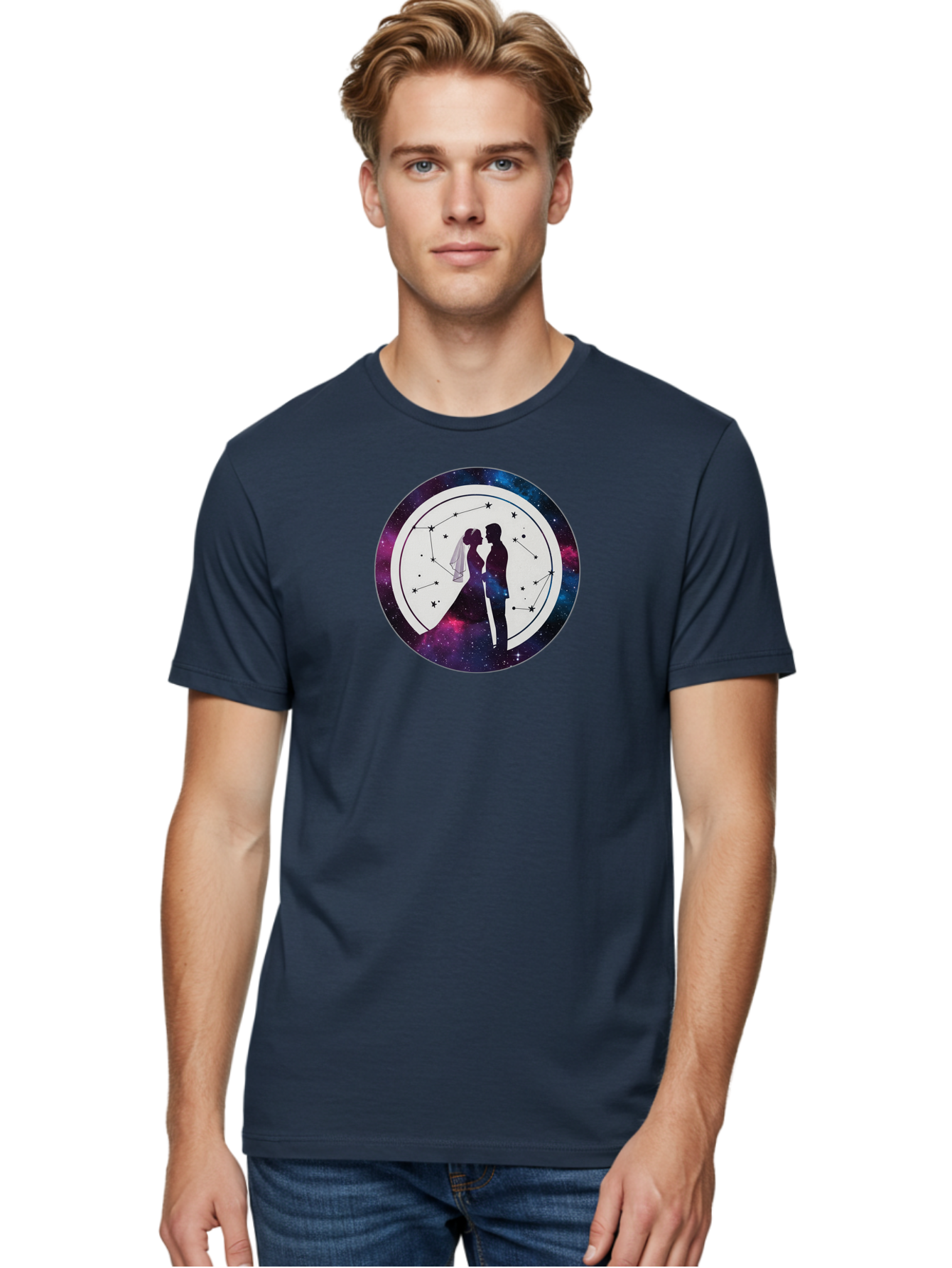 Couple-Silhouette-2 Men'S Graphic Tee, 100% Cotton, Comfortable Casual Summer Wear, Machine Washable, Couple Silhouette, Starry Night Sky, Constellation Pattern, Galaxy Background, Romance, Love, Wedding, Astrology, Celestial Theme, Baa407