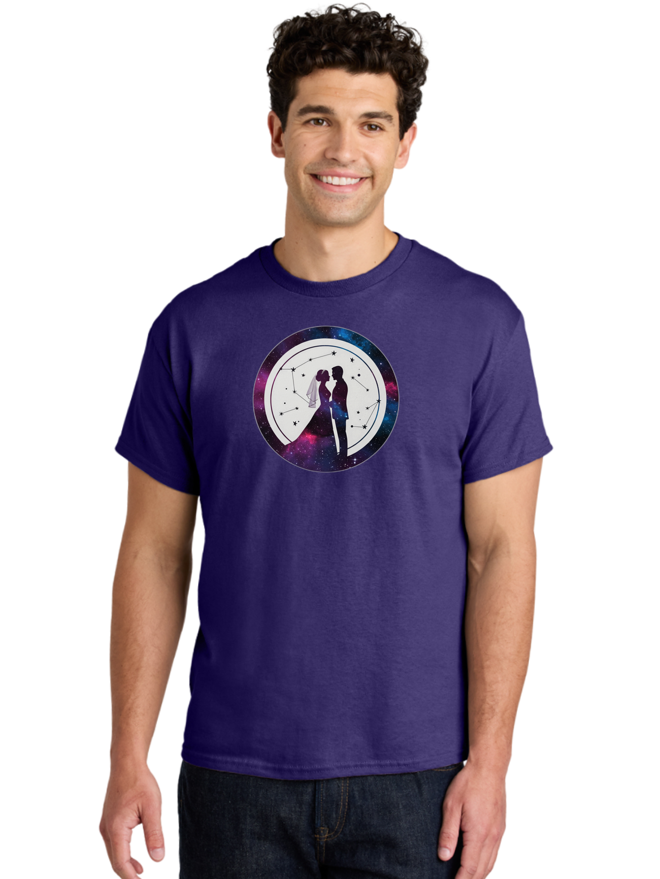 Couple-Silhouette-2 Men'S Graphic Tee, 100% Cotton, Comfortable Casual Summer Wear, Machine Washable, Couple Silhouette, Starry Night Sky, Constellation Pattern, Galaxy Background, Romance, Love, Wedding, Astrology, Celestial Theme, Baa407