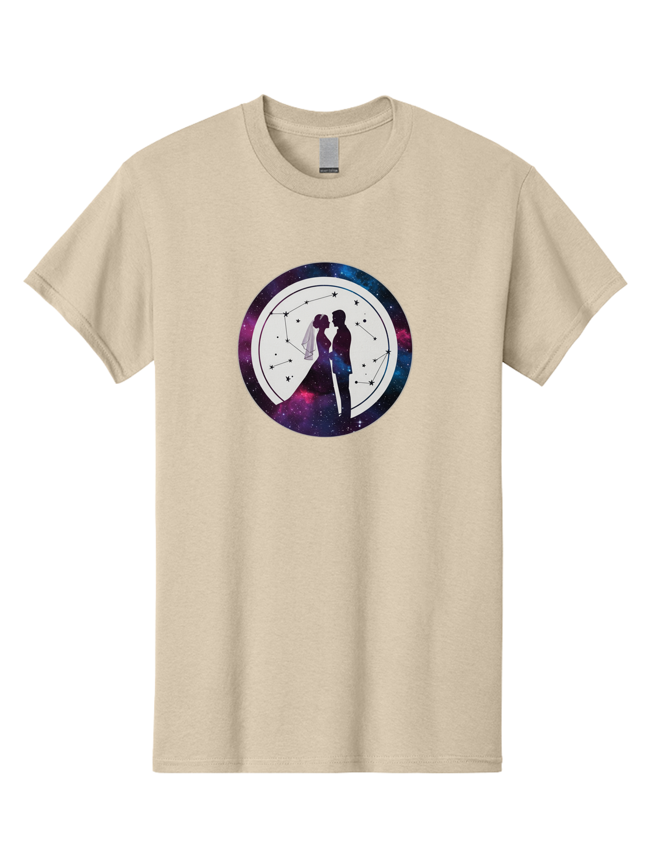 Couple-Silhouette-2 Men'S Graphic Tee, 100% Cotton, Comfortable Casual Summer Wear, Machine Washable, Couple Silhouette, Starry Night Sky, Constellation Pattern, Galaxy Background, Romance, Love, Wedding, Astrology, Celestial Theme, Baa407