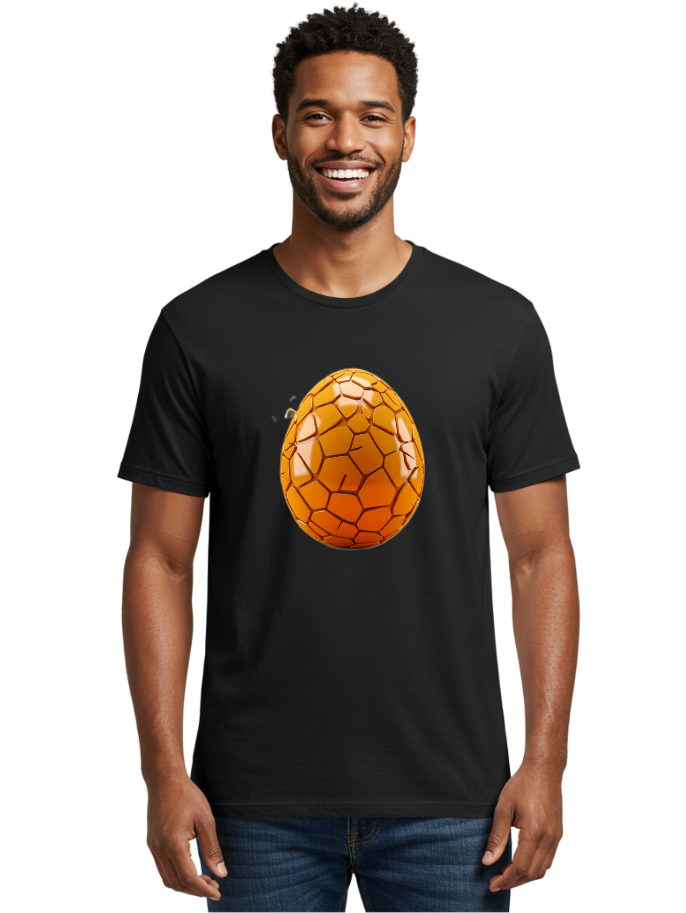 Cracked-Golden-Egg Men'S Graphic Tee, 100% Cotton, Comfortable Casual Summer Wear, Machine Washable, Soccer Ball Texture, Egg Shape, Golden Color, Shiny Surface, Geometric Pattern, Sporty Design, Unique Fusion, Easter Egg Inspiration, Baa411
