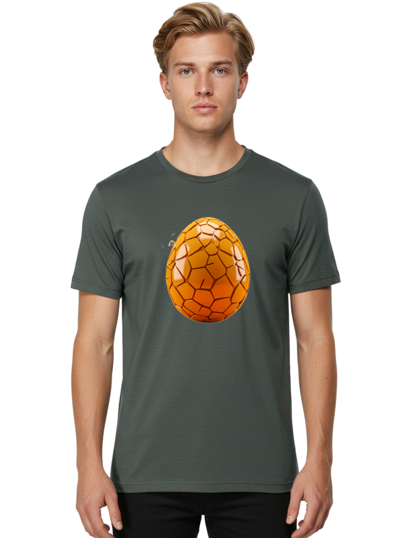 Cracked-Golden-Egg Men'S Graphic Tee, 100% Cotton, Comfortable Casual Summer Wear, Machine Washable, Soccer Ball Texture, Egg Shape, Golden Color, Shiny Surface, Geometric Pattern, Sporty Design, Unique Fusion, Easter Egg Inspiration, Baa411