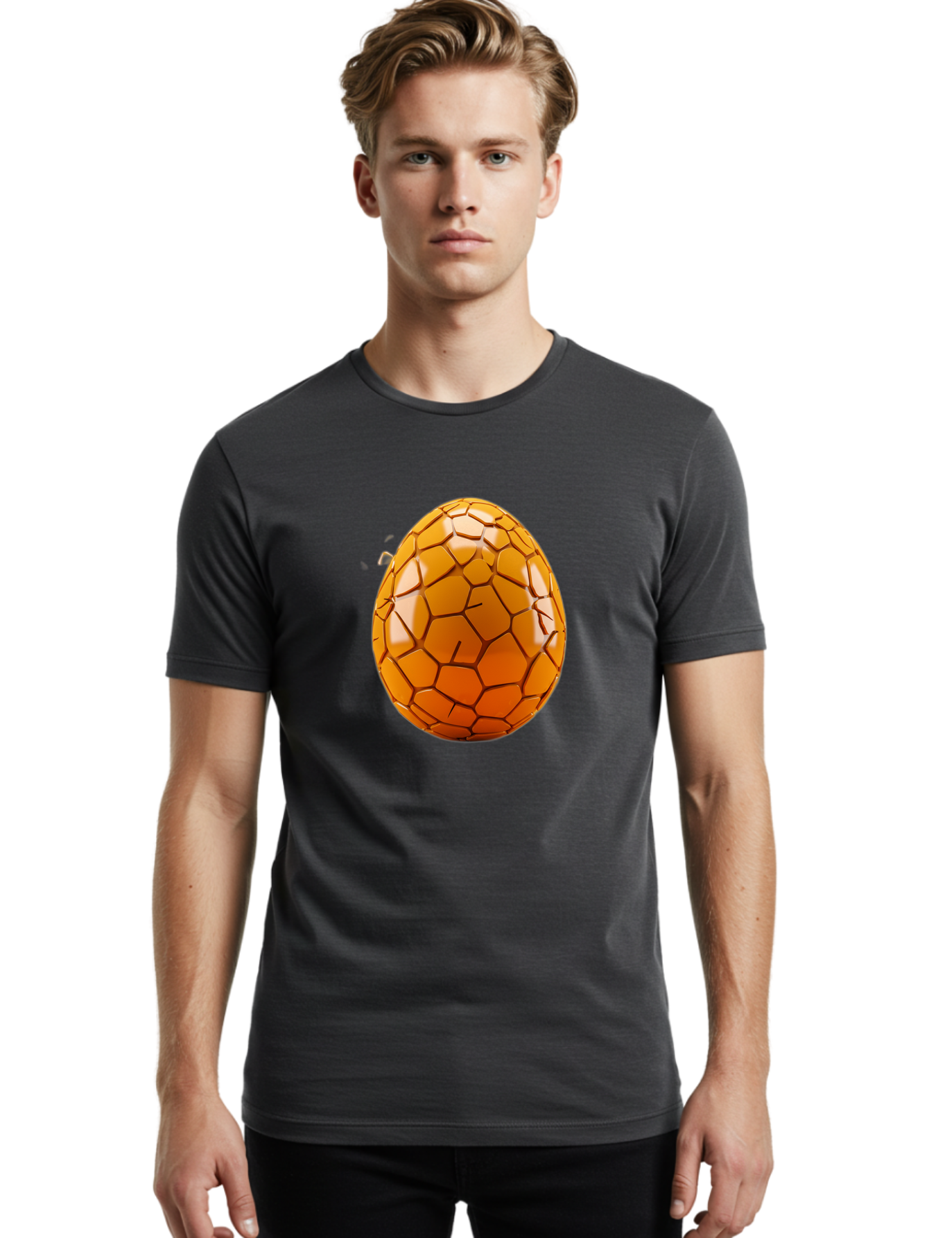 Cracked-Golden-Egg Men'S Graphic Tee, 100% Cotton, Comfortable Casual Summer Wear, Machine Washable, Soccer Ball Texture, Egg Shape, Golden Color, Shiny Surface, Geometric Pattern, Sporty Design, Unique Fusion, Easter Egg Inspiration, Baa411