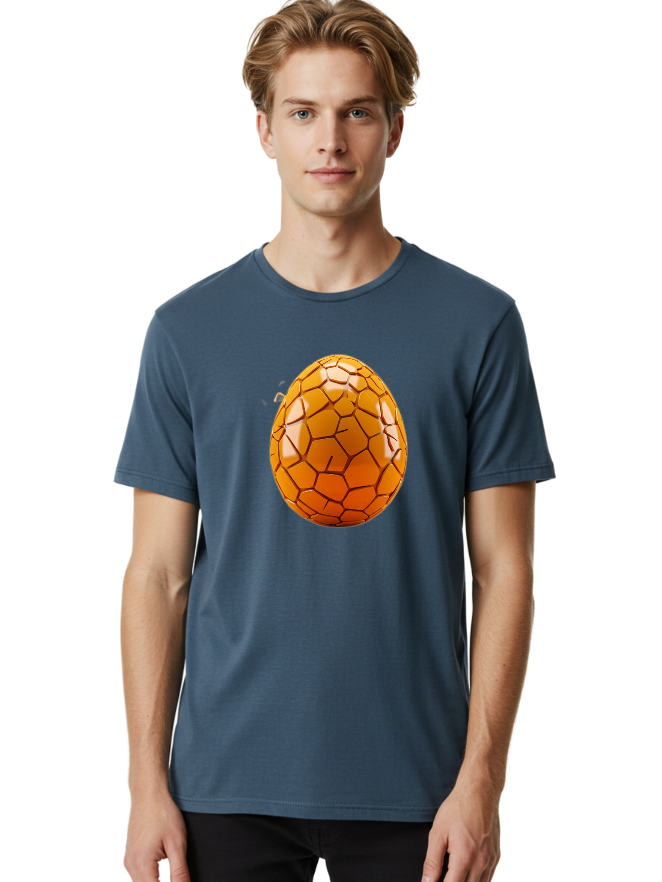 Cracked-Golden-Egg Men'S Graphic Tee, 100% Cotton, Comfortable Casual Summer Wear, Machine Washable, Soccer Ball Texture, Egg Shape, Golden Color, Shiny Surface, Geometric Pattern, Sporty Design, Unique Fusion, Easter Egg Inspiration, Baa411