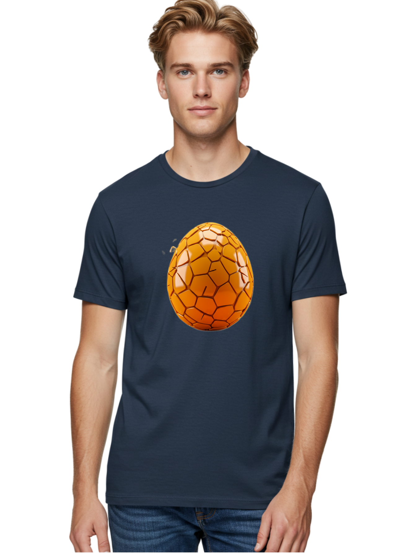 Cracked-Golden-Egg Men'S Graphic Tee, 100% Cotton, Comfortable Casual Summer Wear, Machine Washable, Soccer Ball Texture, Egg Shape, Golden Color, Shiny Surface, Geometric Pattern, Sporty Design, Unique Fusion, Easter Egg Inspiration, Baa411