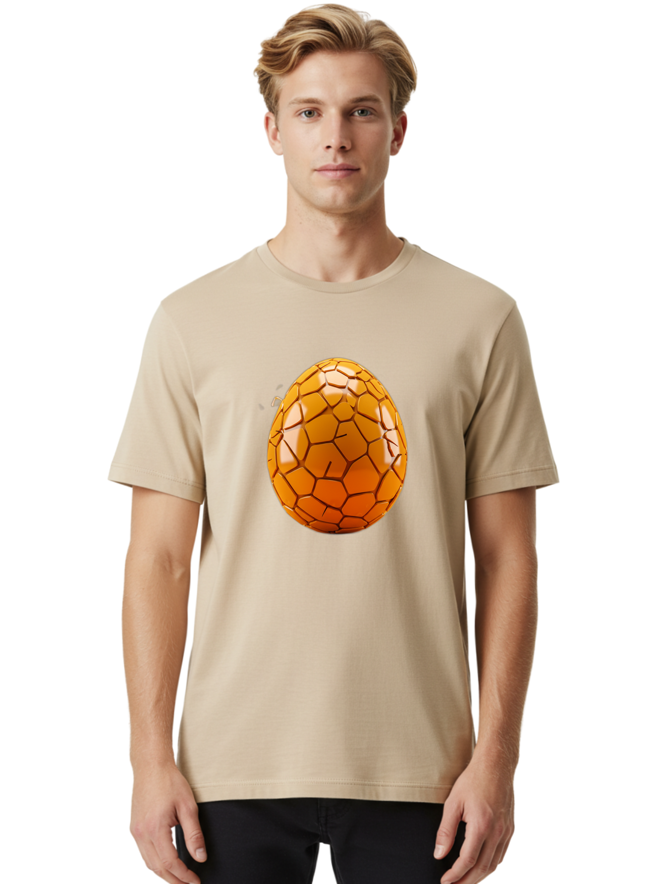 Cracked-Golden-Egg Men'S Graphic Tee, 100% Cotton, Comfortable Casual Summer Wear, Machine Washable, Soccer Ball Texture, Egg Shape, Golden Color, Shiny Surface, Geometric Pattern, Sporty Design, Unique Fusion, Easter Egg Inspiration, Baa411