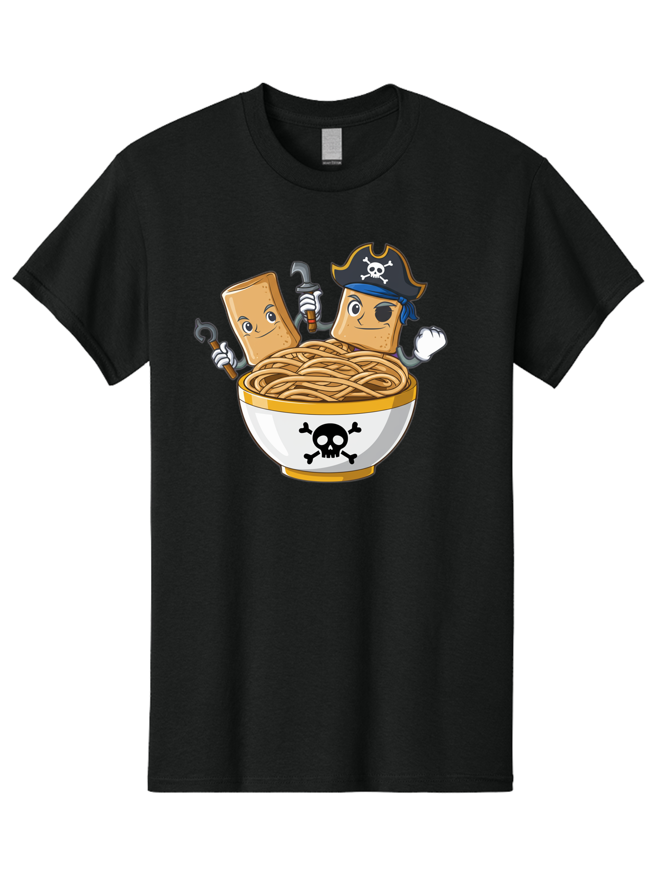 Crackers-In-A-Skull-Bowl Men'S Graphic Tee, 100% Cotton, Comfortable Casual Summer Wear, Machine Washable, Cartoon Crackers, Pirate-Themed, Noodles In Bowl, Skull And Crossbones, Playful Cartoon, Pirate Crackers, Animated Noodles, Baa412
