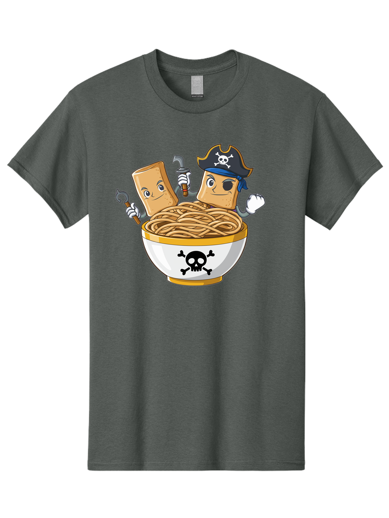 Crackers-In-A-Skull-Bowl Men'S Graphic Tee, 100% Cotton, Comfortable Casual Summer Wear, Machine Washable, Cartoon Crackers, Pirate-Themed, Noodles In Bowl, Skull And Crossbones, Playful Cartoon, Pirate Crackers, Animated Noodles, Baa412