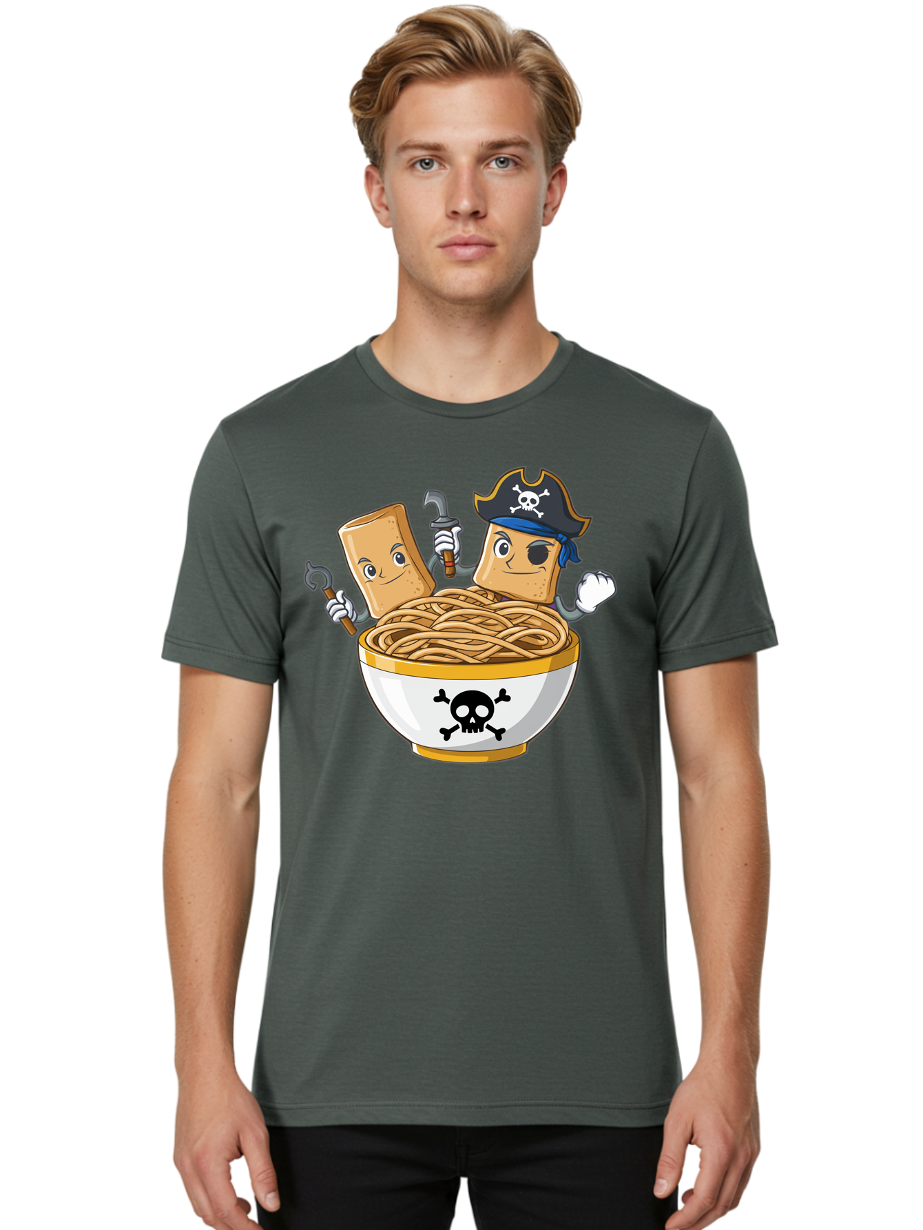 Crackers-In-A-Skull-Bowl Men'S Graphic Tee, 100% Cotton, Comfortable Casual Summer Wear, Machine Washable, Cartoon Crackers, Pirate-Themed, Noodles In Bowl, Skull And Crossbones, Playful Cartoon, Pirate Crackers, Animated Noodles, Baa412