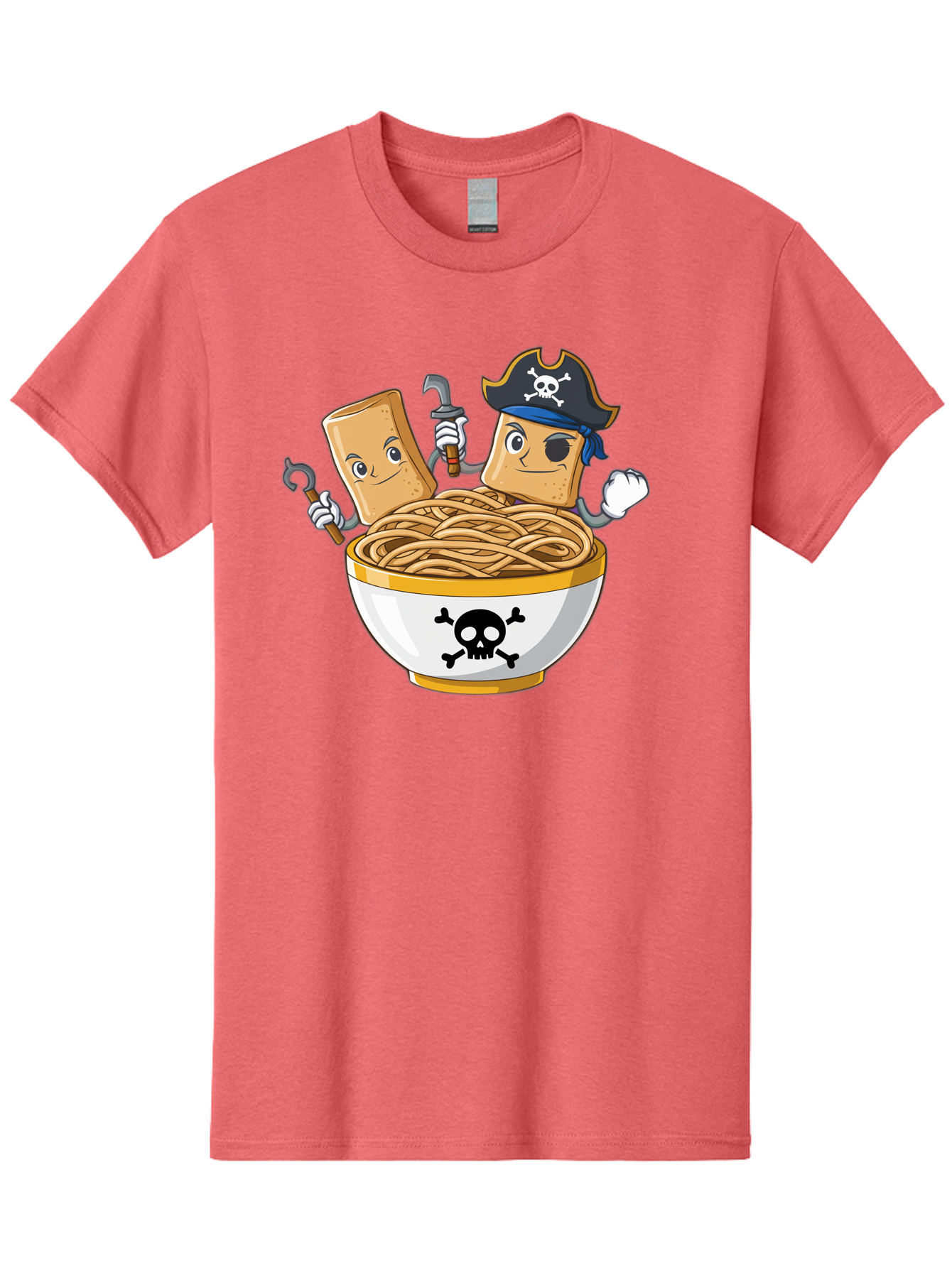 Crackers-In-A-Skull-Bowl Men'S Graphic Tee, 100% Cotton, Comfortable Casual Summer Wear, Machine Washable, Cartoon Crackers, Pirate-Themed, Noodles In Bowl, Skull And Crossbones, Playful Cartoon, Pirate Crackers, Animated Noodles, Baa412