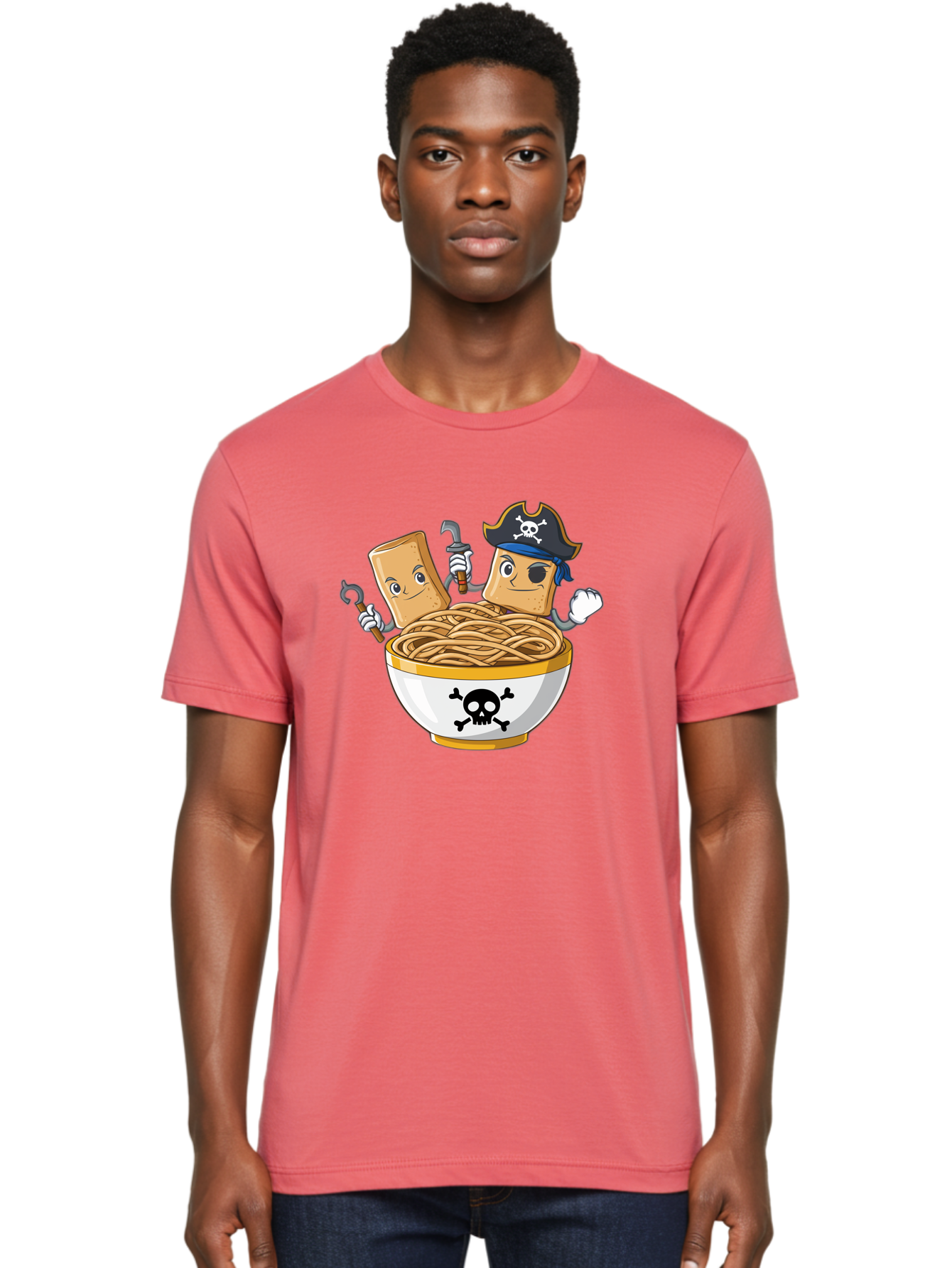 Crackers-In-A-Skull-Bowl Men'S Graphic Tee, 100% Cotton, Comfortable Casual Summer Wear, Machine Washable, Cartoon Crackers, Pirate-Themed, Noodles In Bowl, Skull And Crossbones, Playful Cartoon, Pirate Crackers, Animated Noodles, Baa412