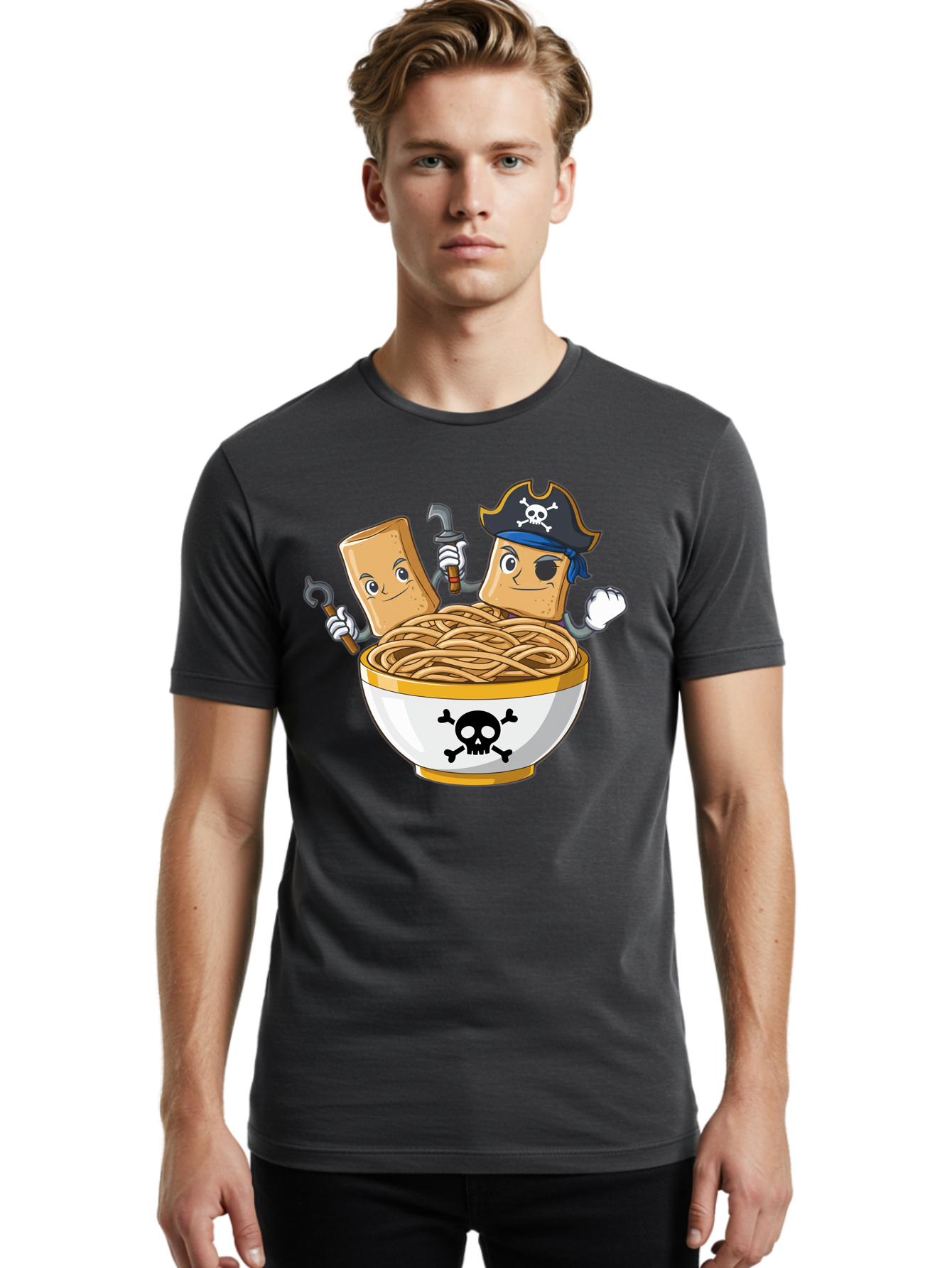 Crackers-In-A-Skull-Bowl Men'S Graphic Tee, 100% Cotton, Comfortable Casual Summer Wear, Machine Washable, Cartoon Crackers, Pirate-Themed, Noodles In Bowl, Skull And Crossbones, Playful Cartoon, Pirate Crackers, Animated Noodles, Baa412