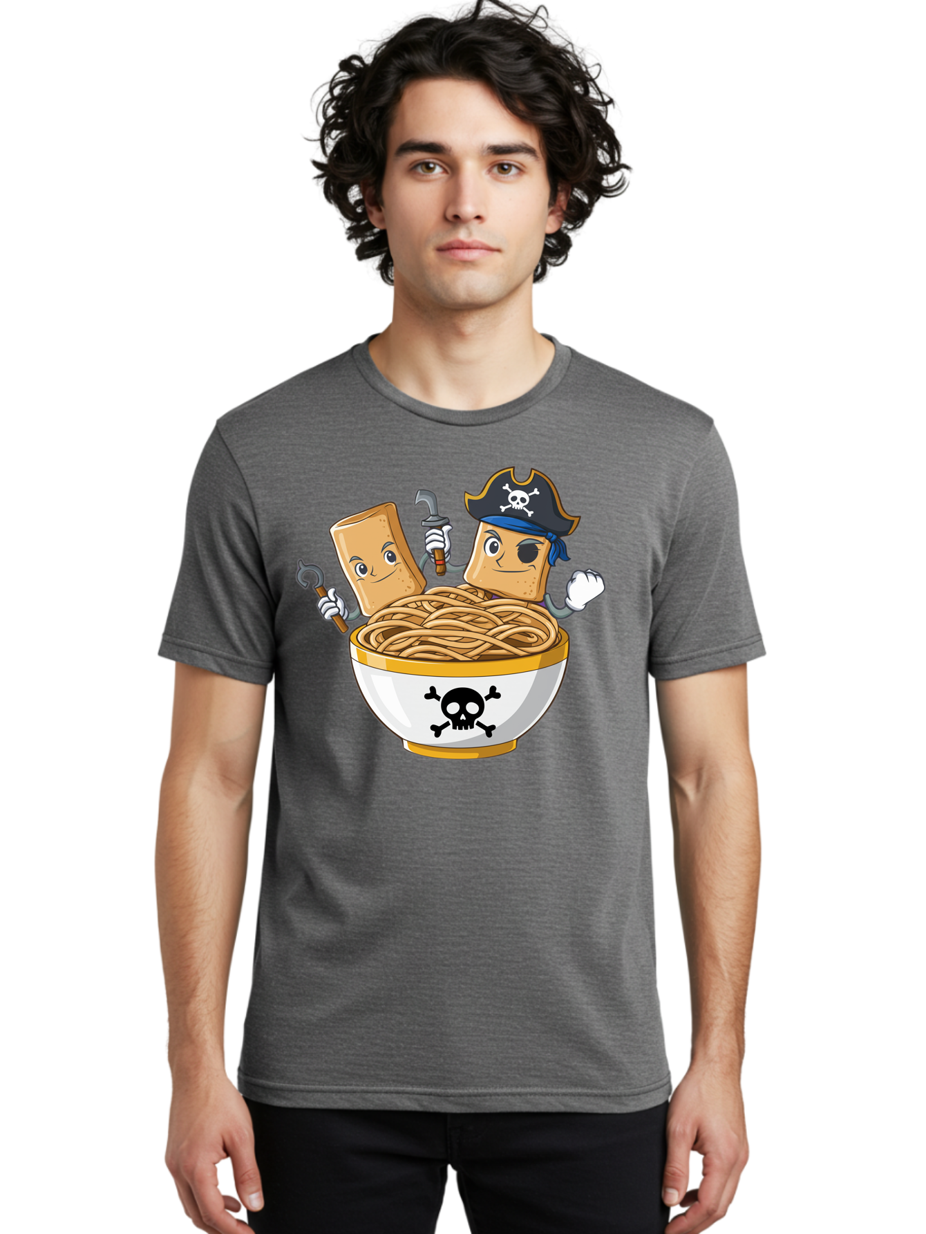 Crackers-In-A-Skull-Bowl Men'S Graphic Tee, 100% Cotton, Comfortable Casual Summer Wear, Machine Washable, Cartoon Crackers, Pirate-Themed, Noodles In Bowl, Skull And Crossbones, Playful Cartoon, Pirate Crackers, Animated Noodles, Baa412