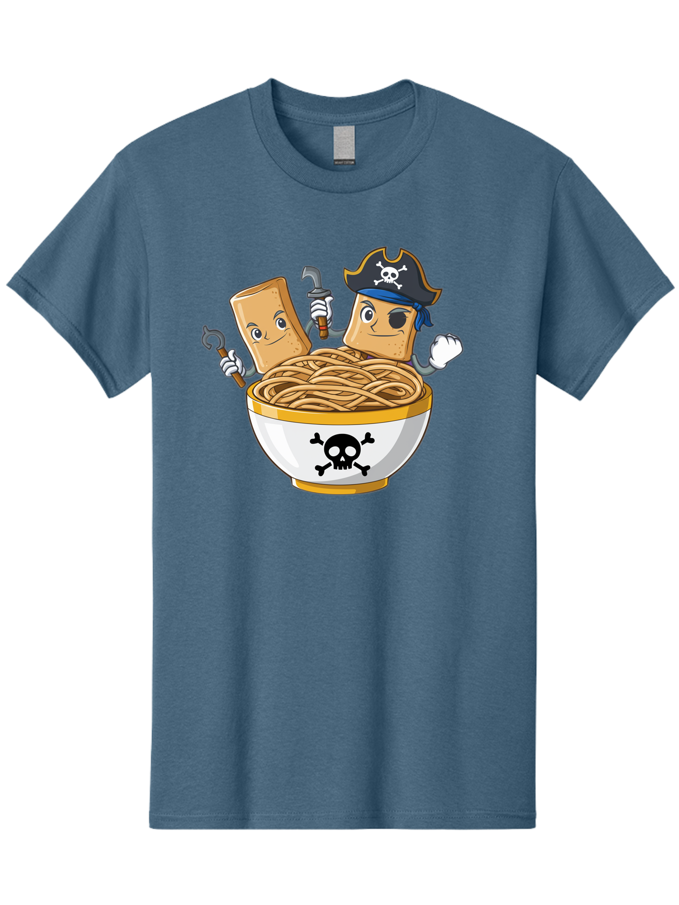 Crackers-In-A-Skull-Bowl Men'S Graphic Tee, 100% Cotton, Comfortable Casual Summer Wear, Machine Washable, Cartoon Crackers, Pirate-Themed, Noodles In Bowl, Skull And Crossbones, Playful Cartoon, Pirate Crackers, Animated Noodles, Baa412