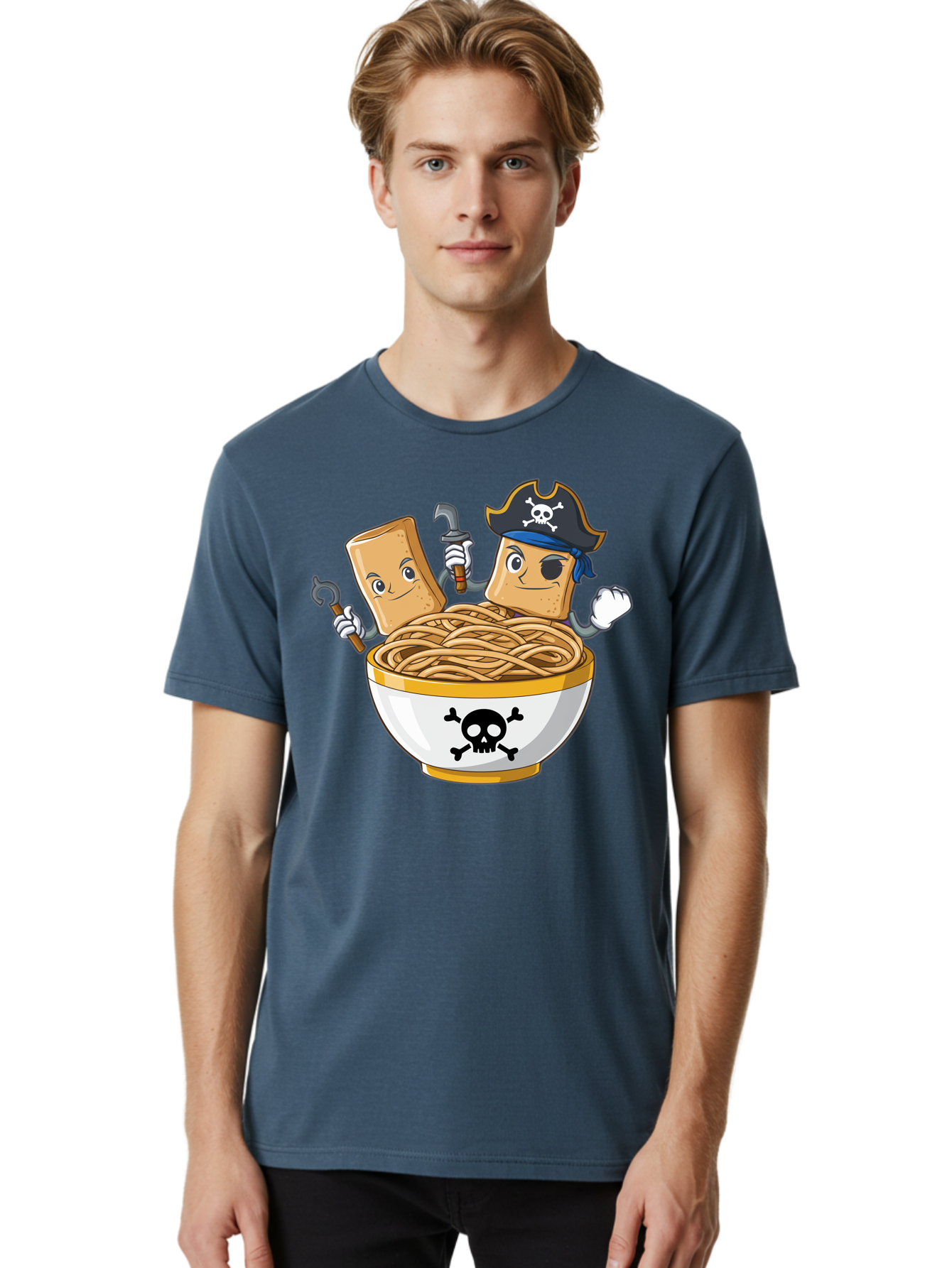 Crackers-In-A-Skull-Bowl Men'S Graphic Tee, 100% Cotton, Comfortable Casual Summer Wear, Machine Washable, Cartoon Crackers, Pirate-Themed, Noodles In Bowl, Skull And Crossbones, Playful Cartoon, Pirate Crackers, Animated Noodles, Baa412