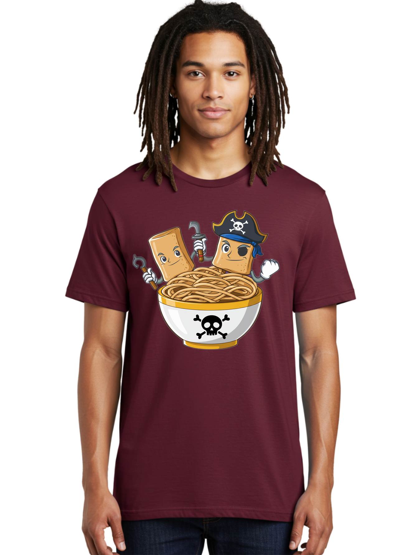 Crackers-In-A-Skull-Bowl Men'S Graphic Tee, 100% Cotton, Comfortable Casual Summer Wear, Machine Washable, Cartoon Crackers, Pirate-Themed, Noodles In Bowl, Skull And Crossbones, Playful Cartoon, Pirate Crackers, Animated Noodles, Baa412