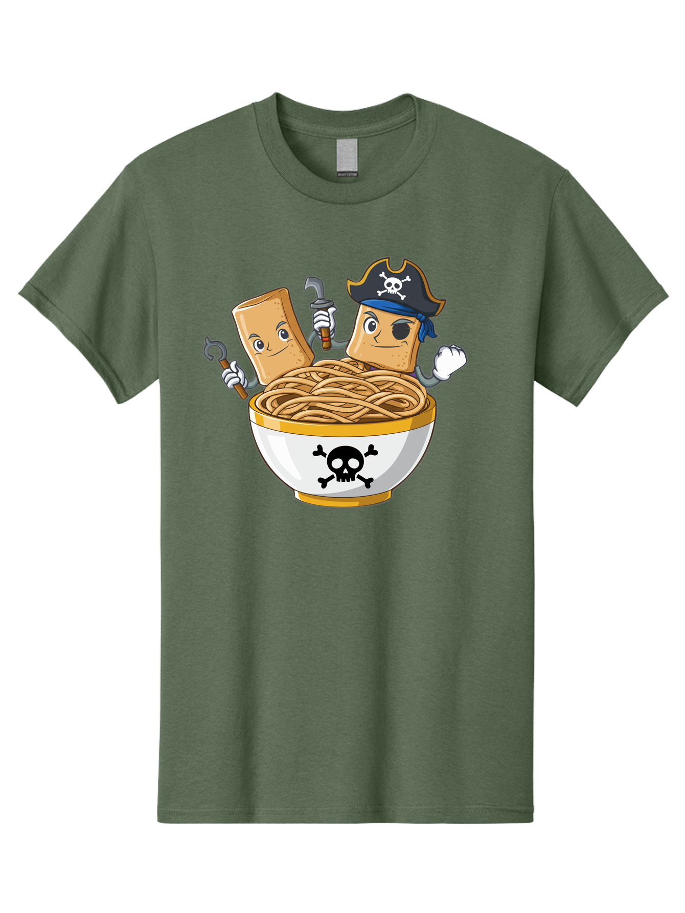 Crackers-In-A-Skull-Bowl Men'S Graphic Tee, 100% Cotton, Comfortable Casual Summer Wear, Machine Washable, Cartoon Crackers, Pirate-Themed, Noodles In Bowl, Skull And Crossbones, Playful Cartoon, Pirate Crackers, Animated Noodles, Baa412