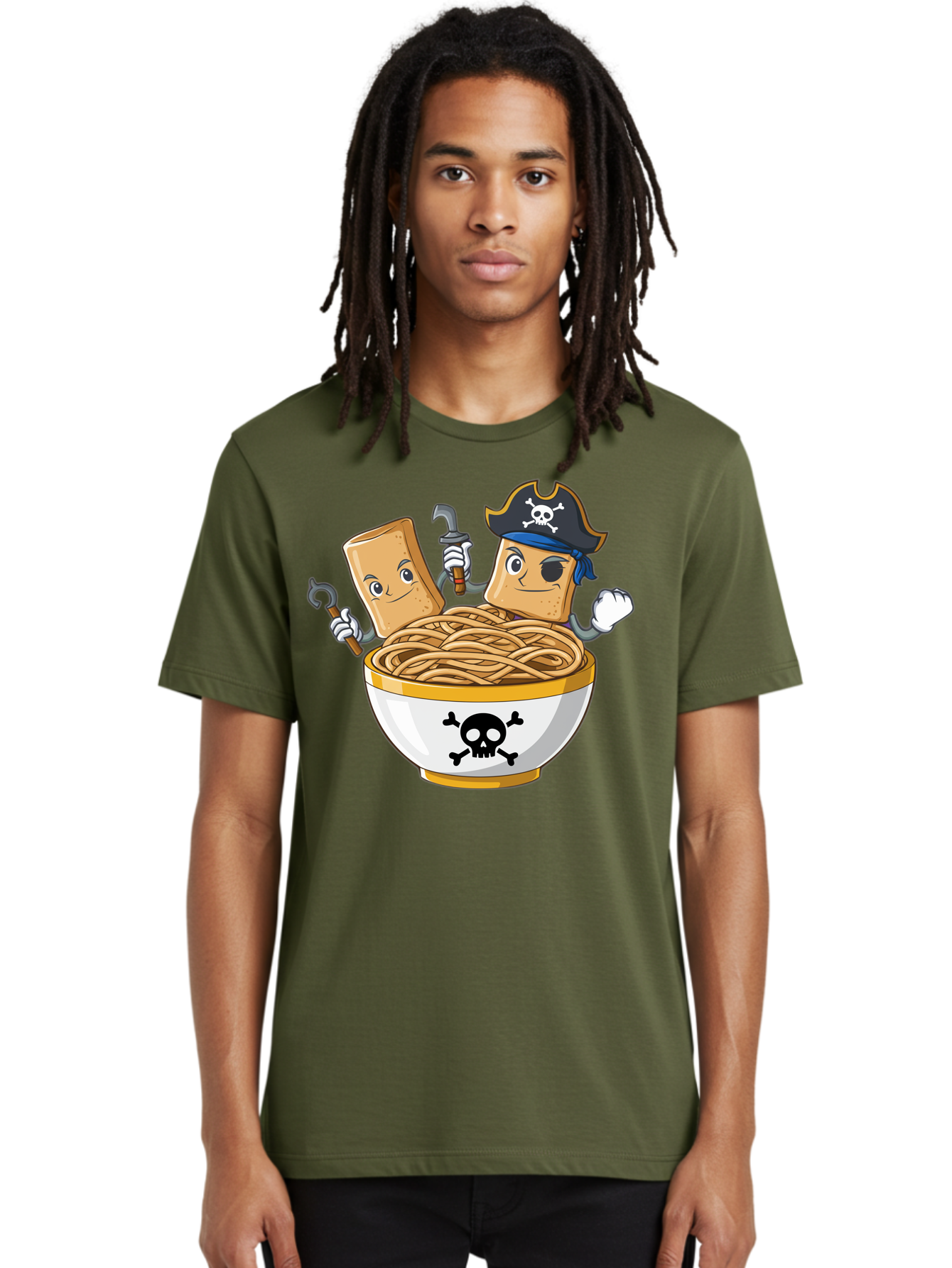 Crackers-In-A-Skull-Bowl Men'S Graphic Tee, 100% Cotton, Comfortable Casual Summer Wear, Machine Washable, Cartoon Crackers, Pirate-Themed, Noodles In Bowl, Skull And Crossbones, Playful Cartoon, Pirate Crackers, Animated Noodles, Baa412